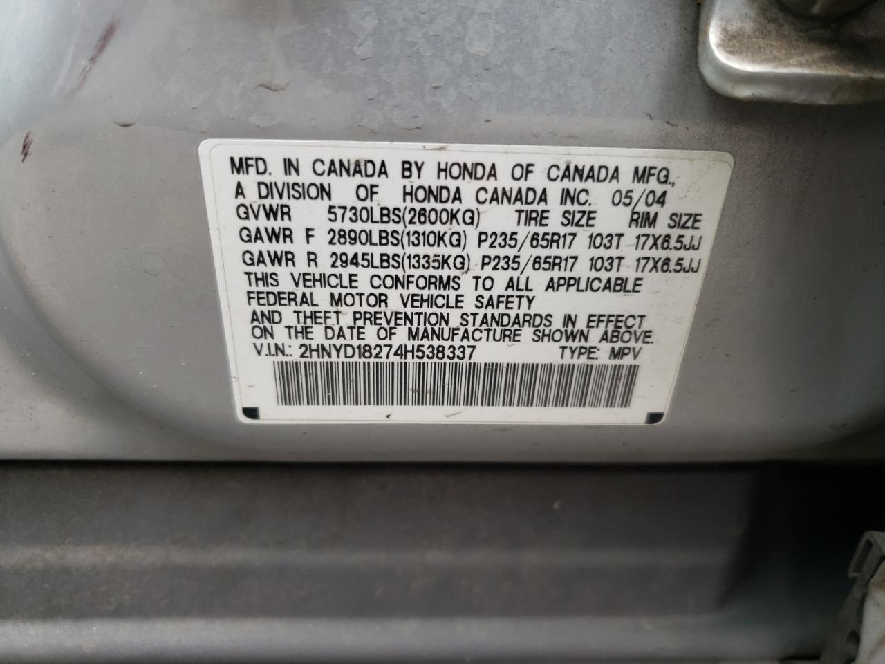 Photo 10 from auction – 2004 ACURA MDX with VIN 2HNYD18274H538337