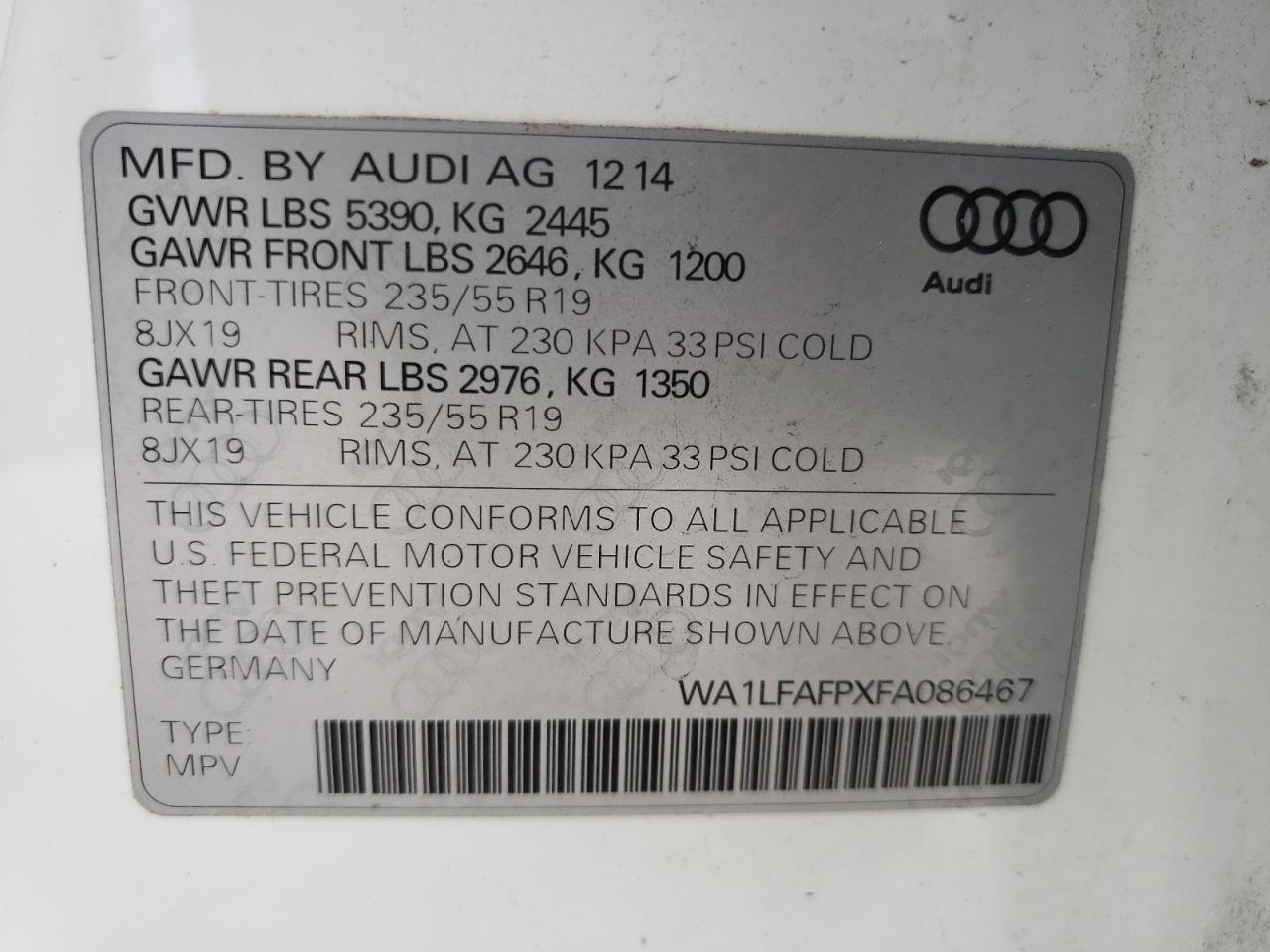 Photo 10 from auction – 2015 AUDI Q5 PREMIUM with VIN WA1LFAFPXFA086467