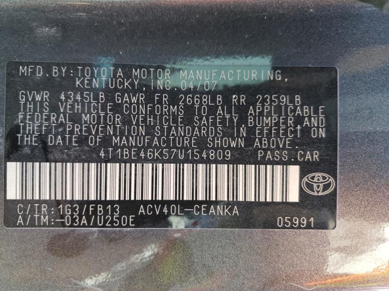 Photo 10 from auction – 2007 TOYOTA CAMRY with VIN 4T1BE46K57U154809