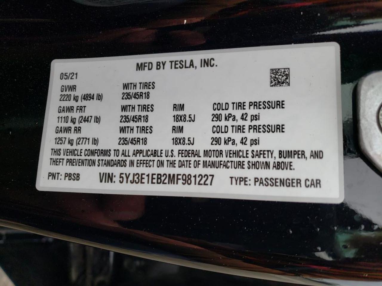 Photo 10 from auction – 2021 TESLA MODEL 3 with VIN 5YJ3E1EB2MF981227