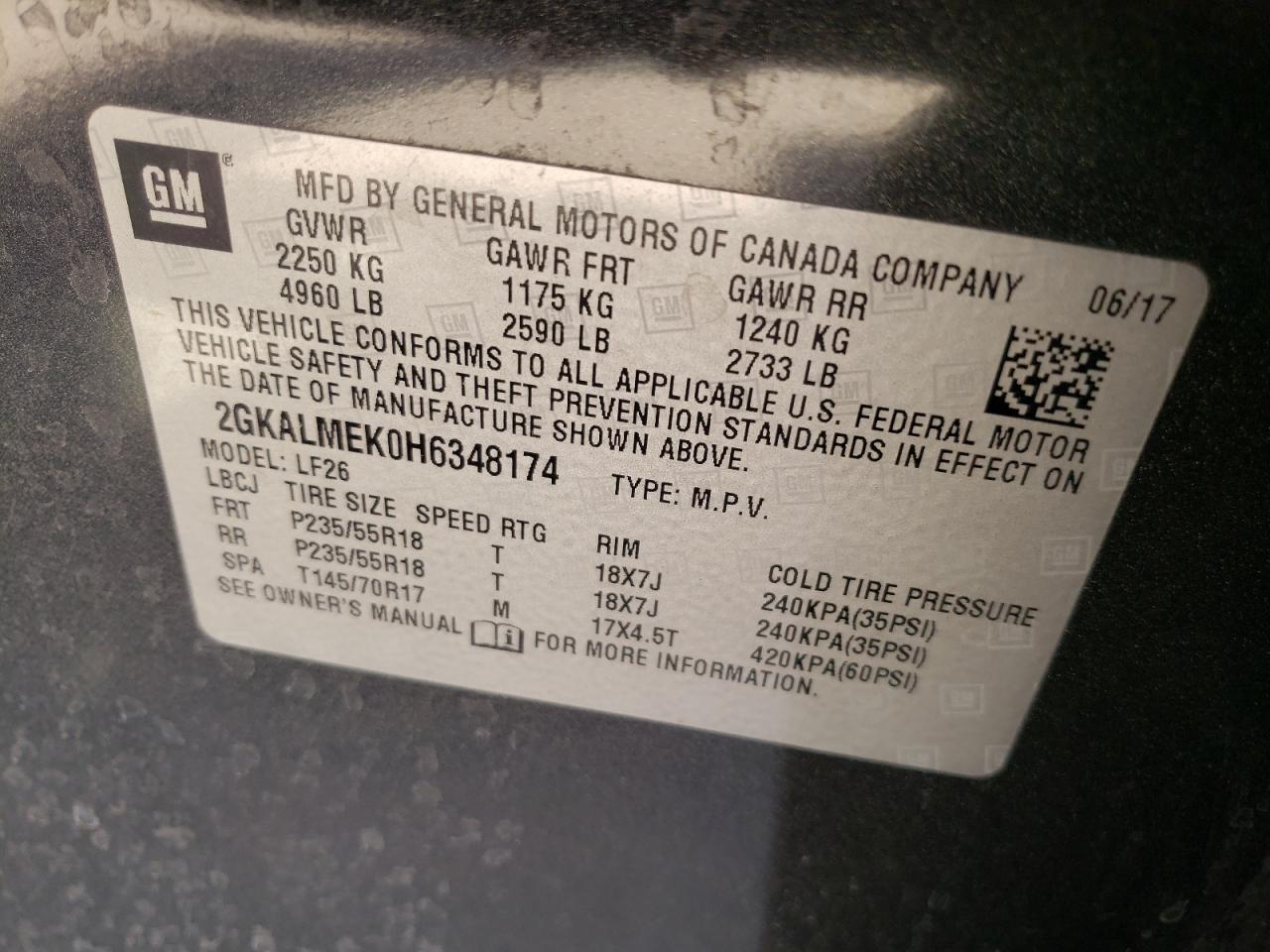 Photo 10 from auction – 2017 GMC TERRAIN SL with VIN 2GKALMEK0H6348174