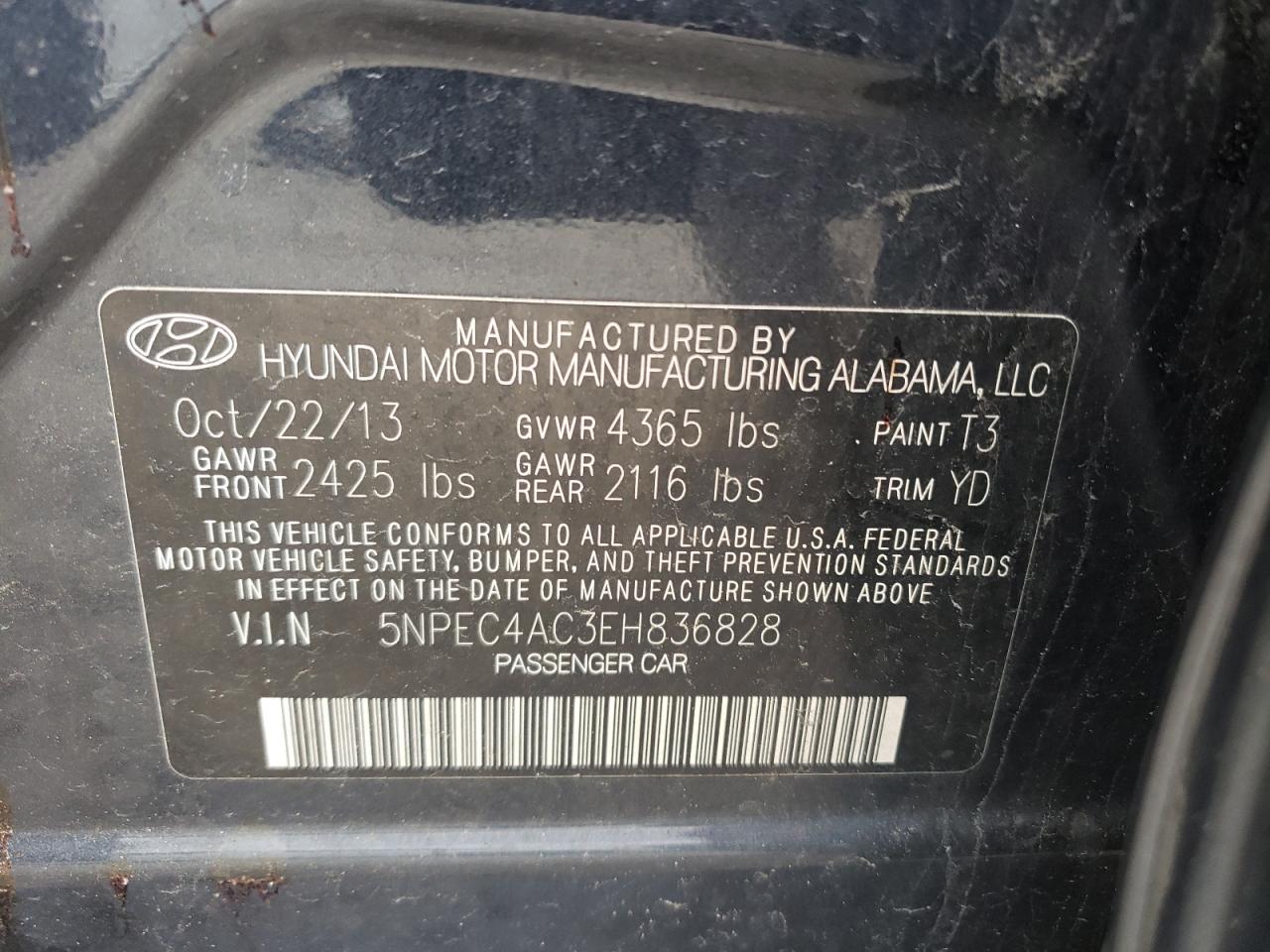 Photo 10 from auction – 2014 HYUNDAI SONATA SE with VIN 5NPEC4AC3EH836828