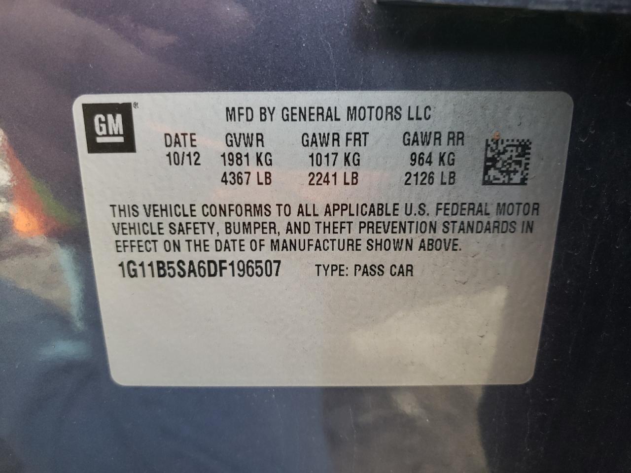 Photo 10 from auction – 2013 CHEVROLET MALIBU LS with VIN 1G11B5SA6DF196507