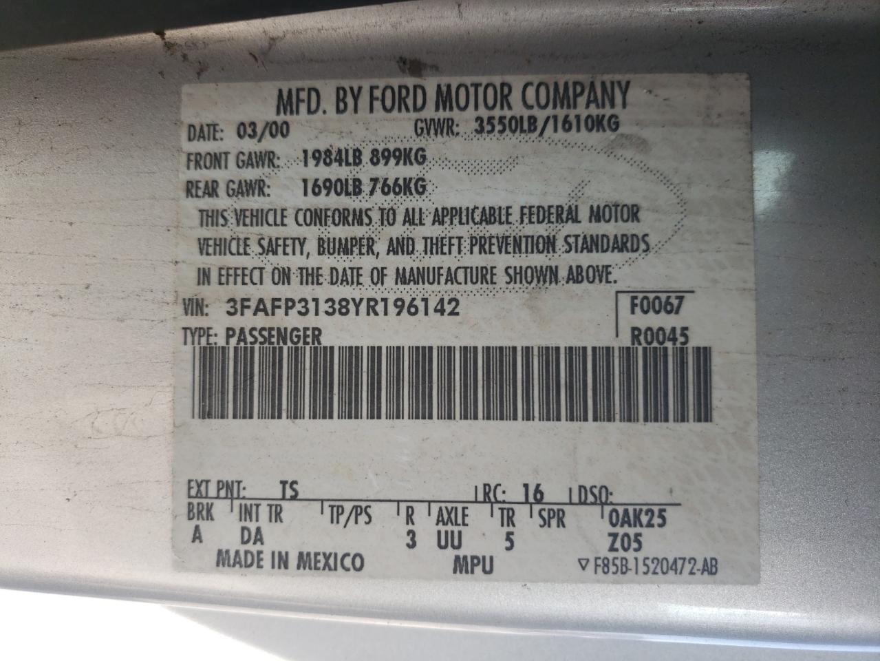 Zdjęcie 10 z aukcji – 2000 FORD FOCUS ZX3 z VIN 3FAFP3138YR196142
