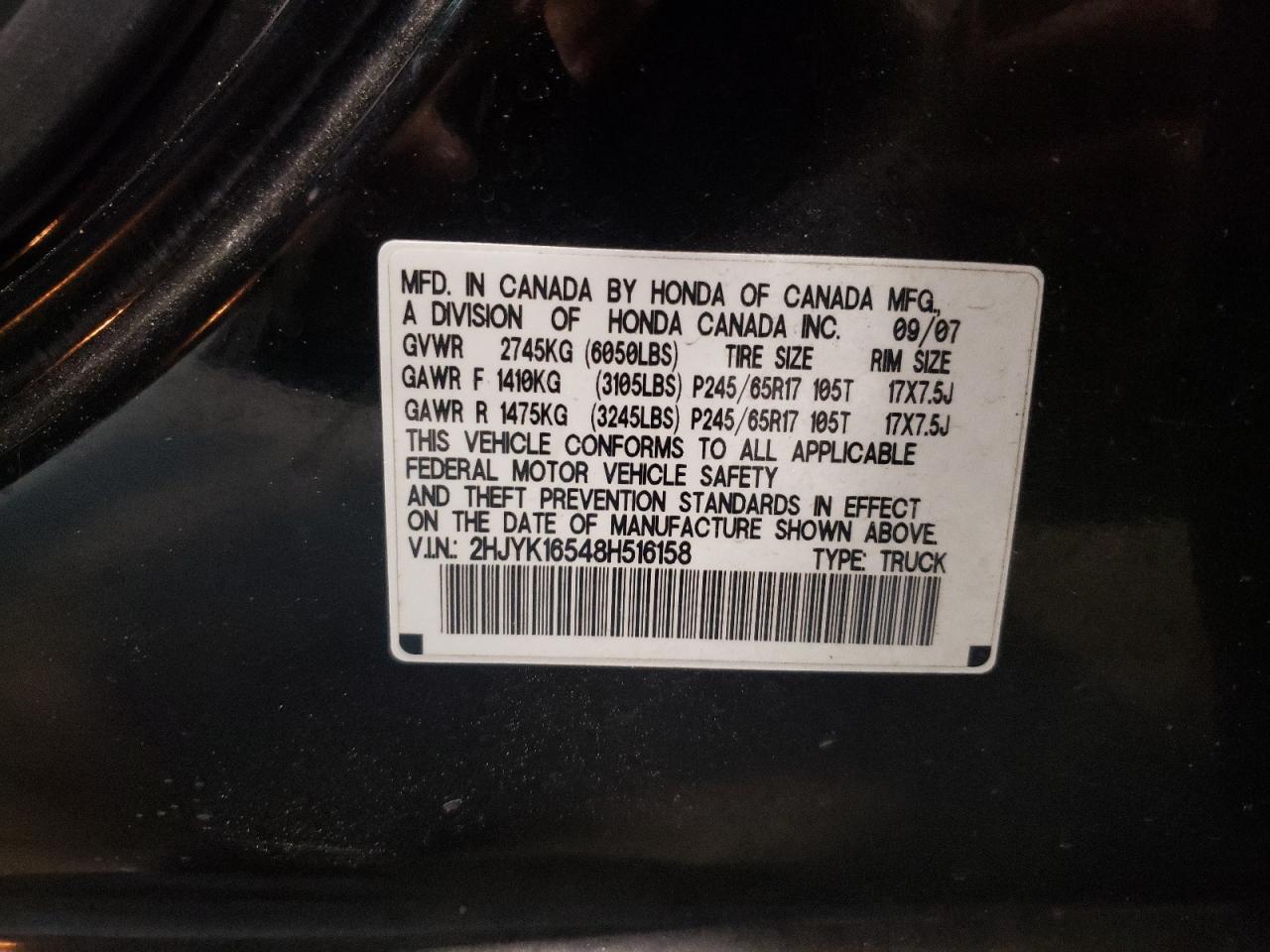 Photo 10 from auction – 2008 HONDA RIDGELINE with VIN 2HJYK16548H516158