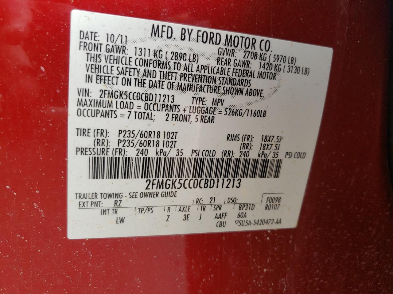 Photo 10 from auction – 2012 FORD FLEX SEL with VIN 2FMGK5CC0CBD11213