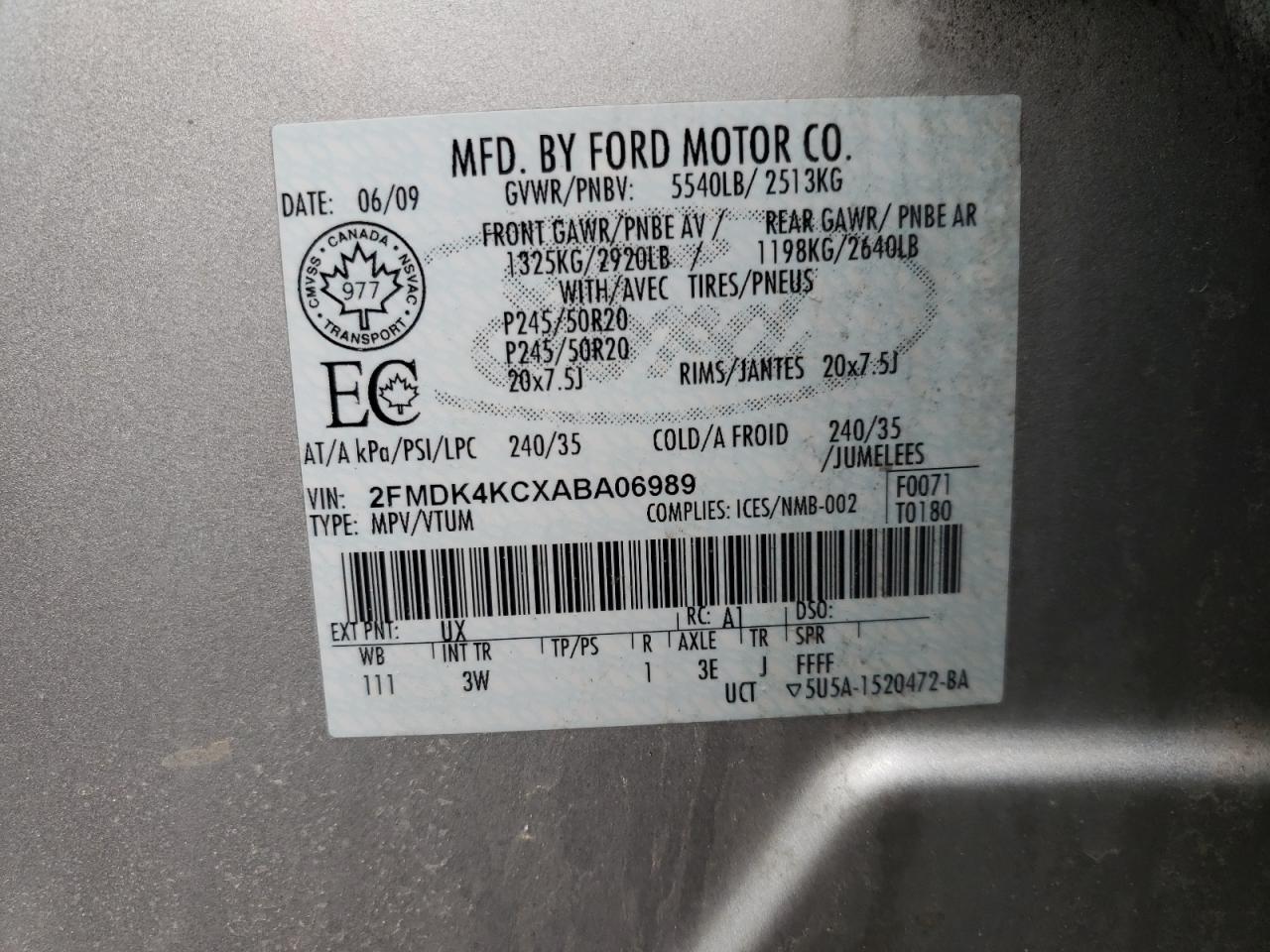 Photo 10 from auction – 2010 FORD EDGE LIMIT with VIN 2FMDK4KCXABA06989