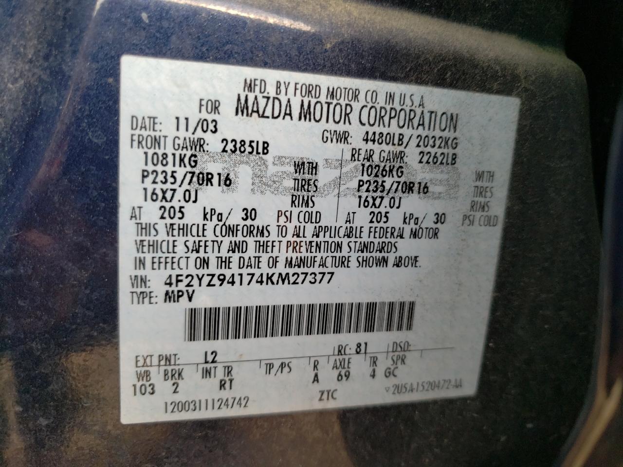 Photo 10 from auction – 2004 MAZDA TRIBUTE with VIN 4F2YZ94174KM27377