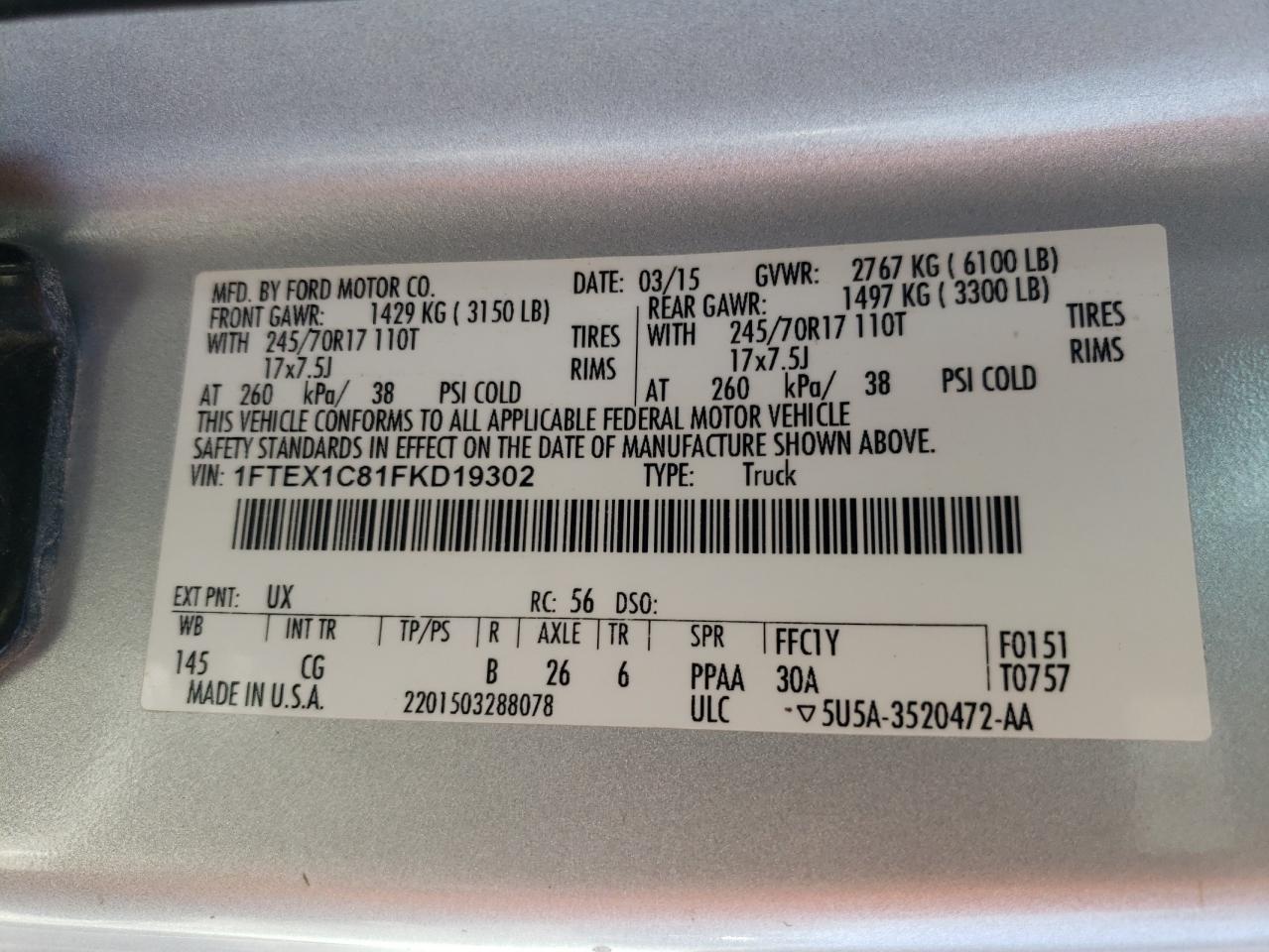 Photo 10 from auction – 2015 FORD F150 SUPER with VIN 1FTEX1C81FKD19302