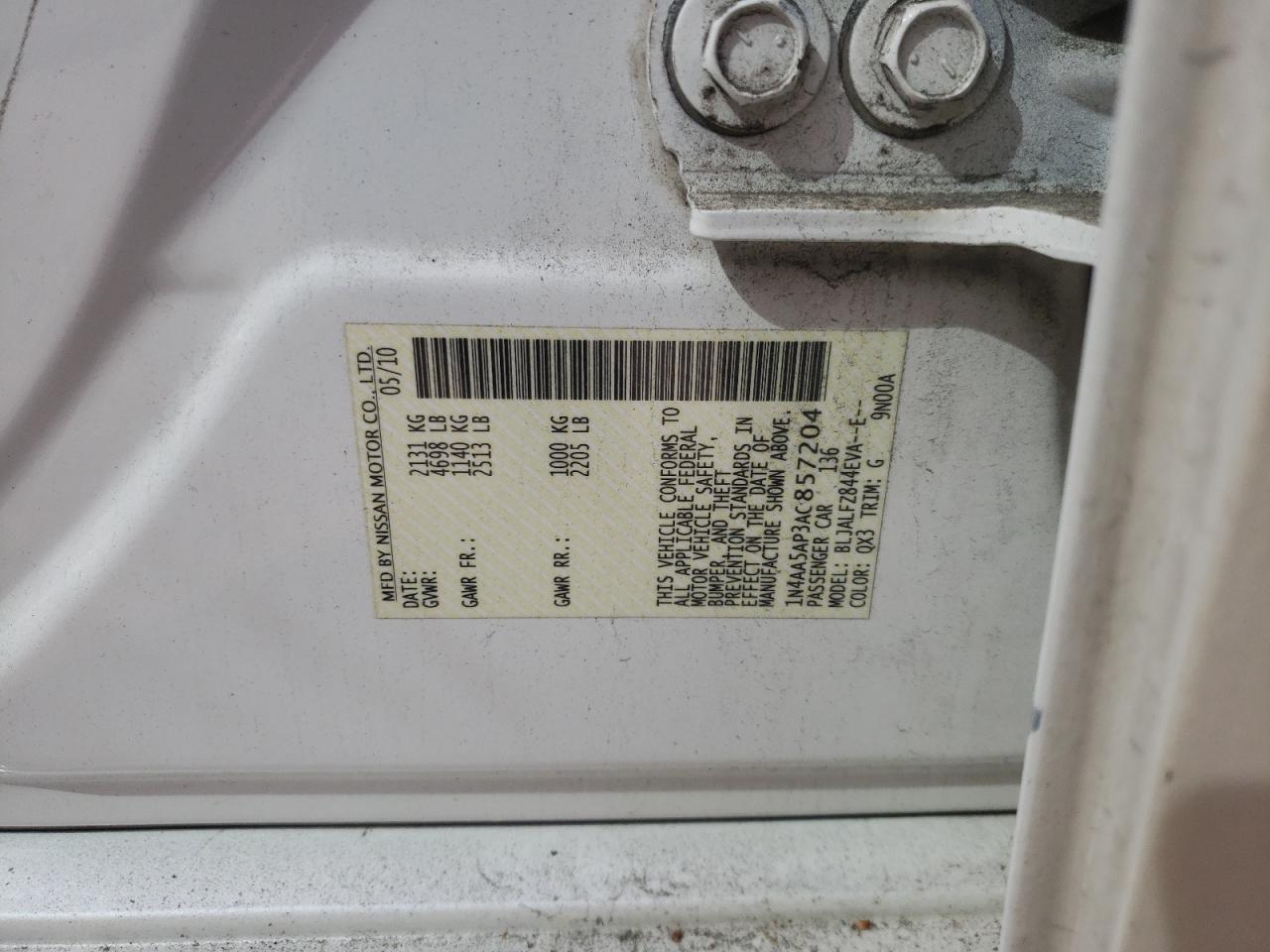 Photo 10 from auction – 2010 NISSAN MAXIMA S with VIN 1N4AA5AP3AC857204