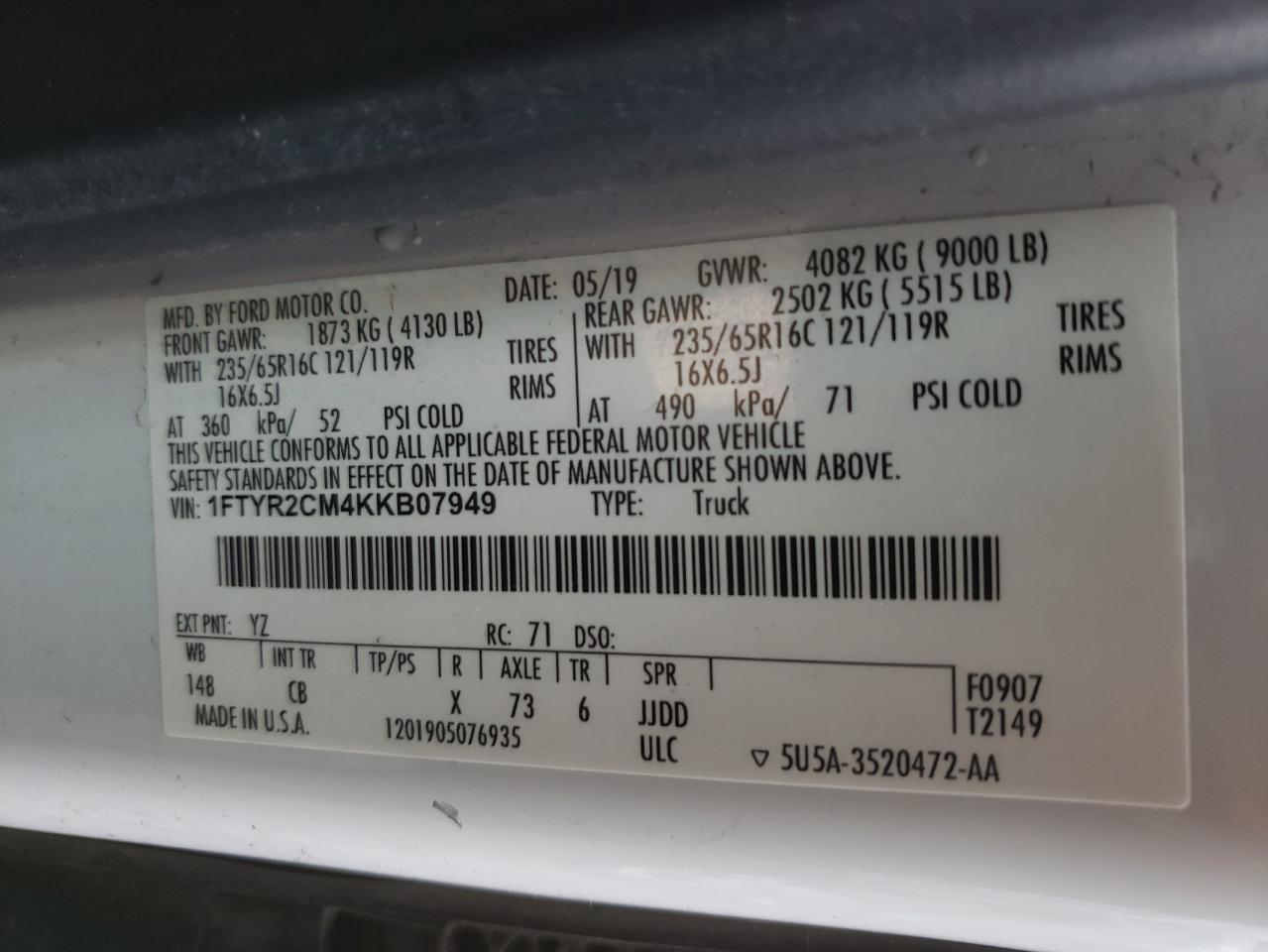 Photo 10 from auction – 2019 FORD TRANSIT T- with VIN 1FTYR2CM4KKB07949