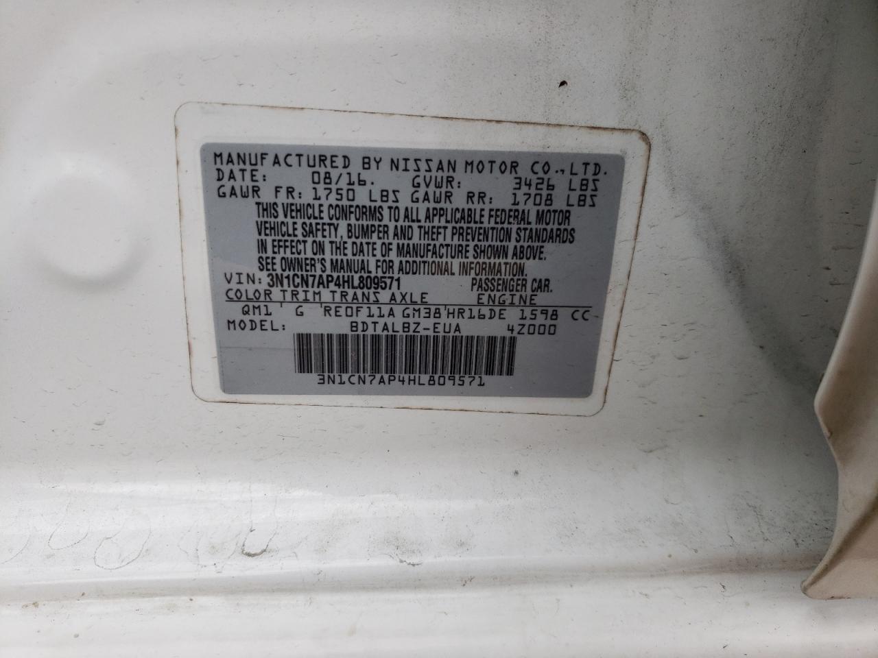 Photo 10 from auction – 2017 NISSAN VERSA S with VIN 3N1CN7AP4HL809571