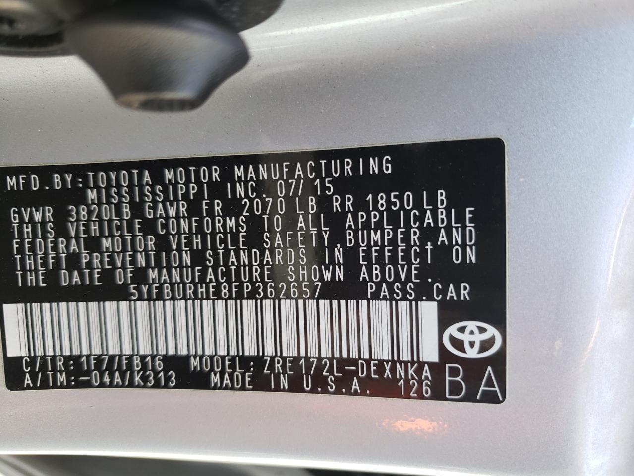 Photo 10 from auction – 2015 TOYOTA COROLLA L with VIN 5YFBURHE8FP362657