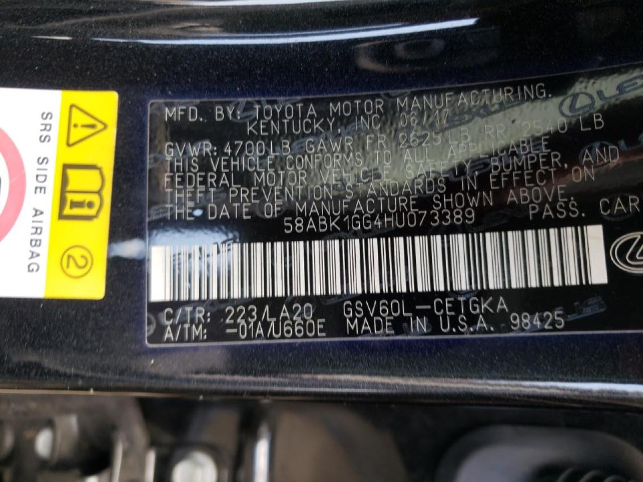 Photo 10 from auction – 2017 LEXUS ES 350 with VIN 58ABK1GG4HU073389