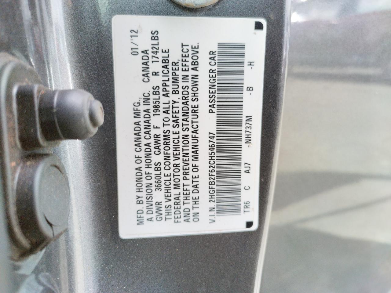 Photo 10 from auction – 2012 HONDA CIVIC HF with VIN 2HGFB2F62CH546747