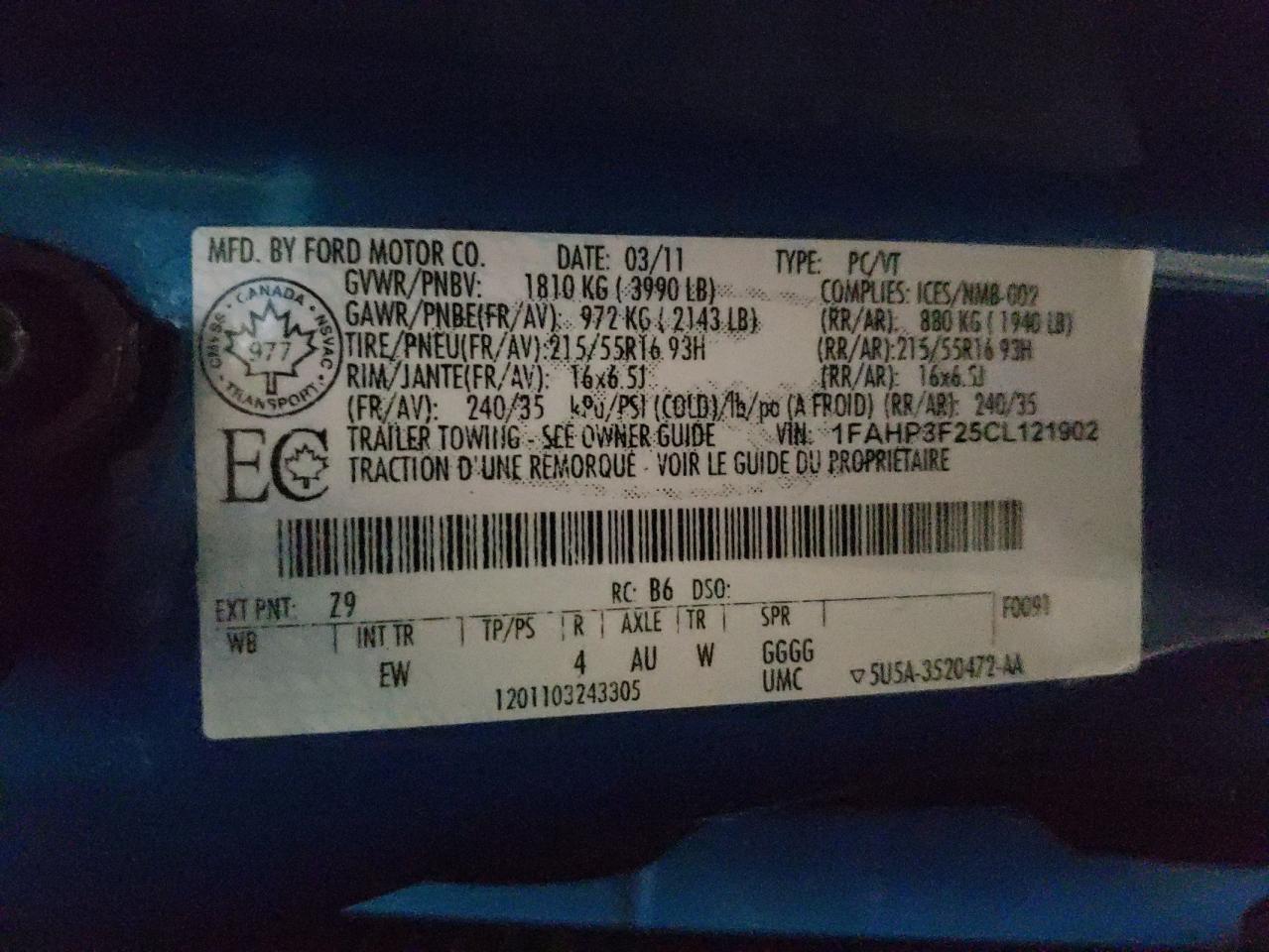 Photo 10 from auction – 2012 FORD FOCUS SE with VIN 1FAHP3F25CL121902