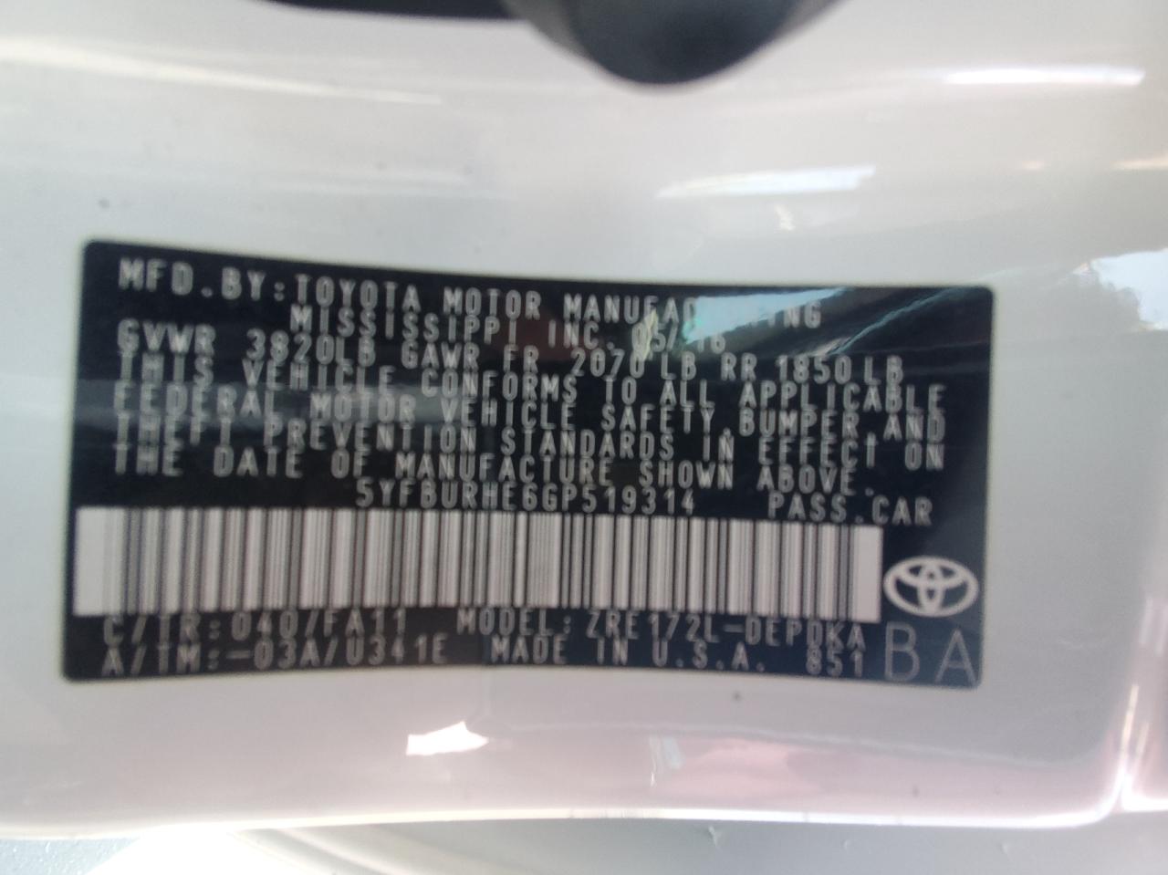 Photo 10 from auction – 2016 TOYOTA COROLLA L with VIN 5YFBURHE6GP519314