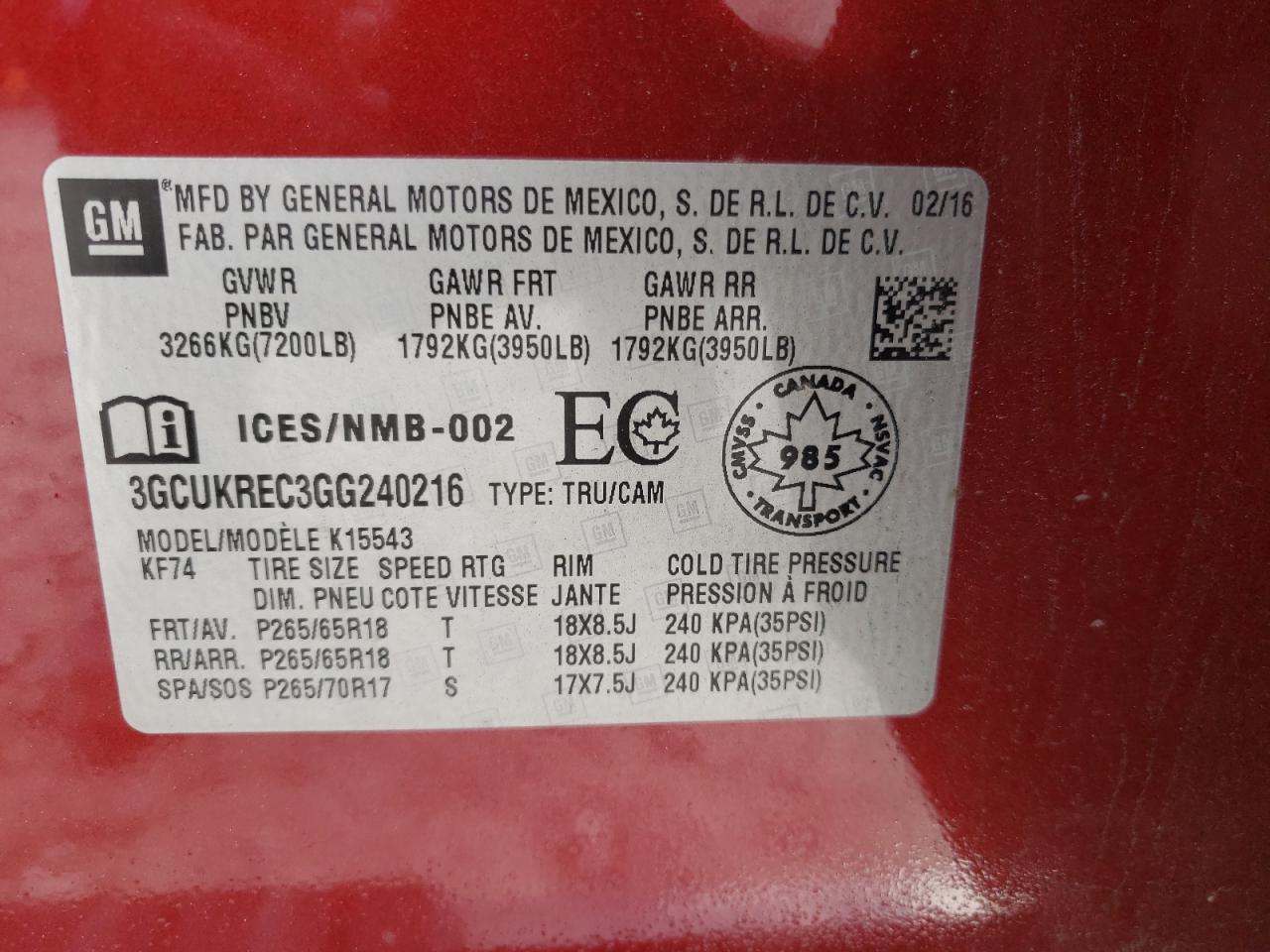 Photo 10 from auction – 2016 CHEVROLET SILVERADO with VIN 3GCUKREC3GG240216