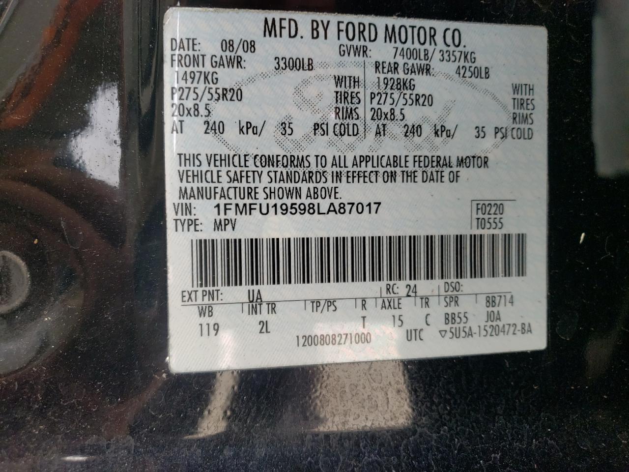 Photo 10 from auction – 2008 FORD EXPEDITION with VIN 1FMFU19598LA87017