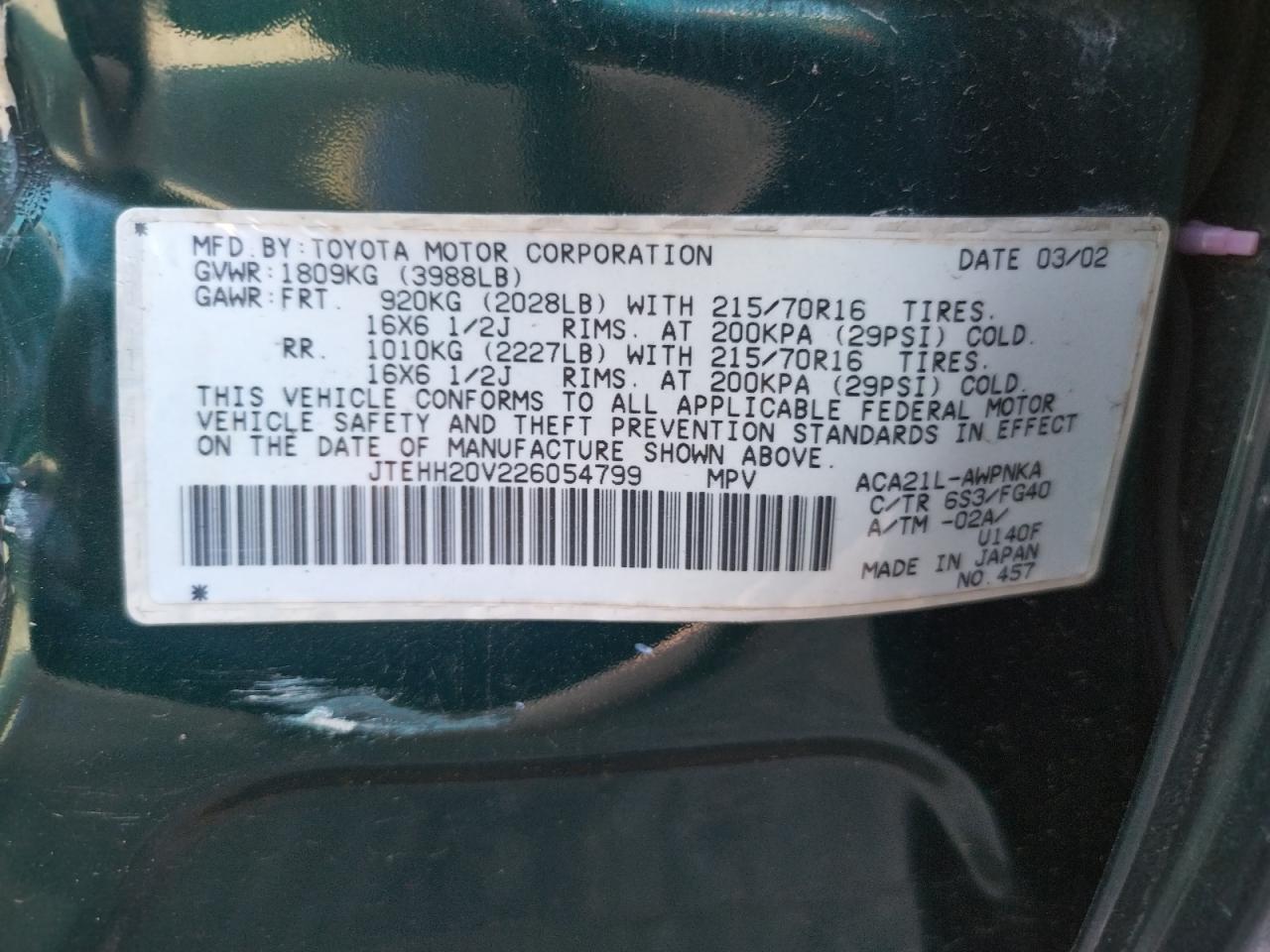 Photo 10 from auction – 2002 TOYOTA RAV4 with VIN JTEHH20V226054799