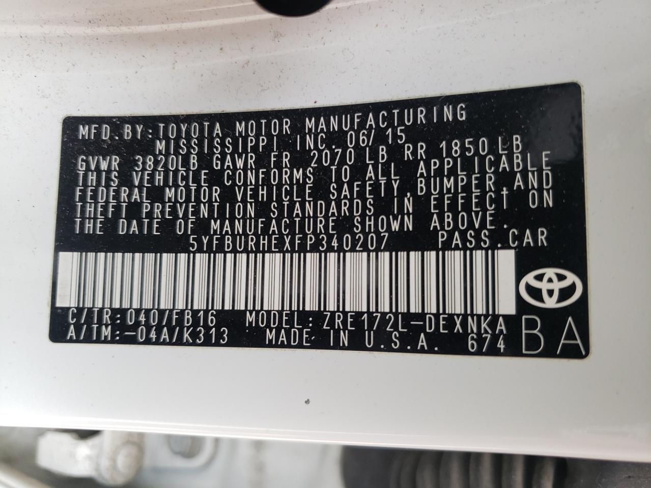 Photo 10 from auction – 2015 TOYOTA COROLLA L with VIN 5YFBURHEXFP340207