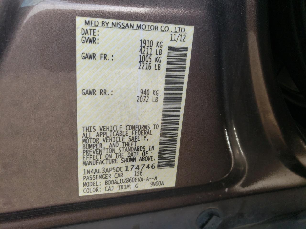 Photo 10 from auction – 2013 NISSAN ALTIMA 2.5 with VIN 1N4AL3AP5DC174746