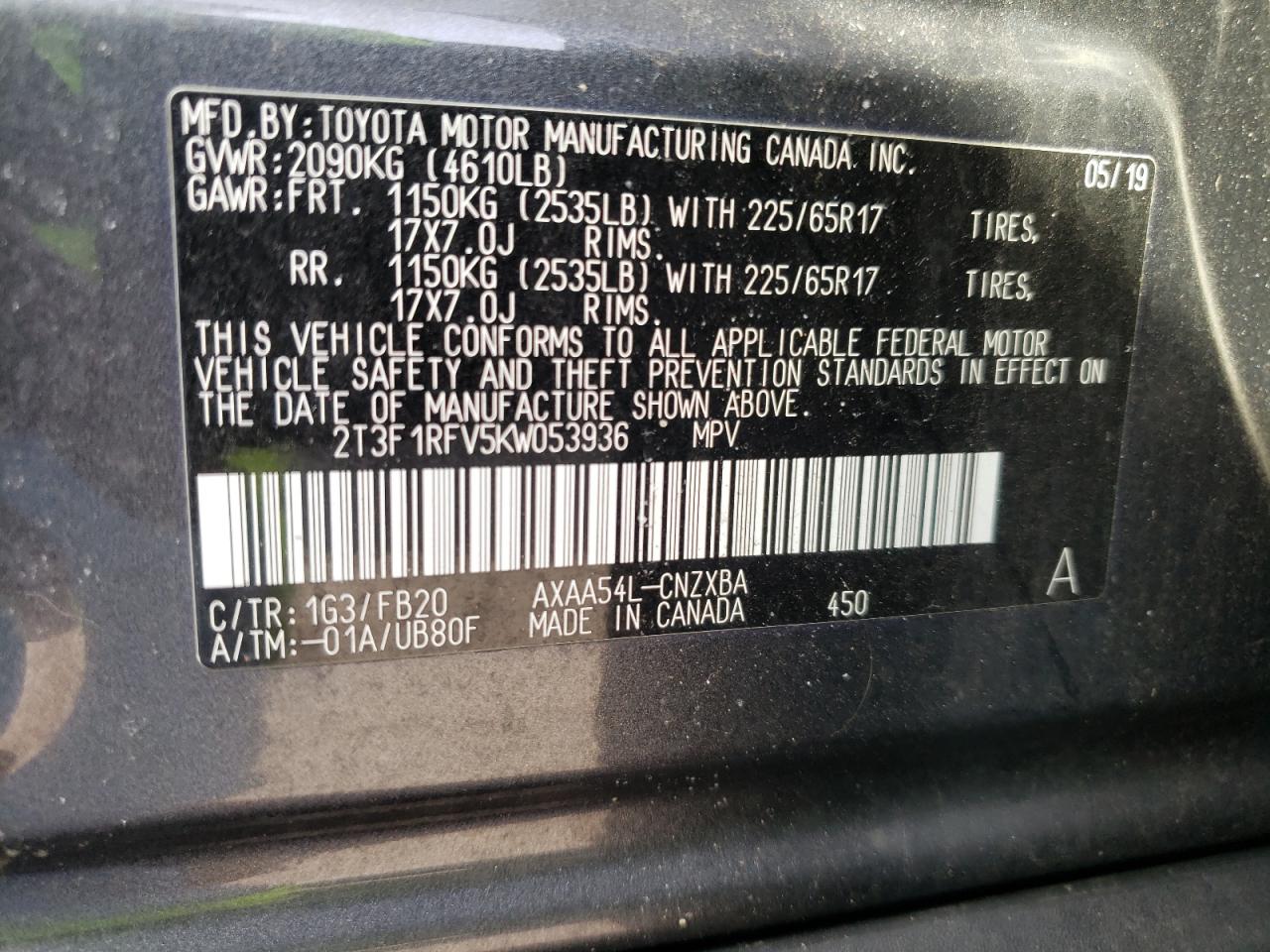 Photo 10 from auction – 2019 TOYOTA RAV4 LE with VIN 2T3F1RFV5KW053936