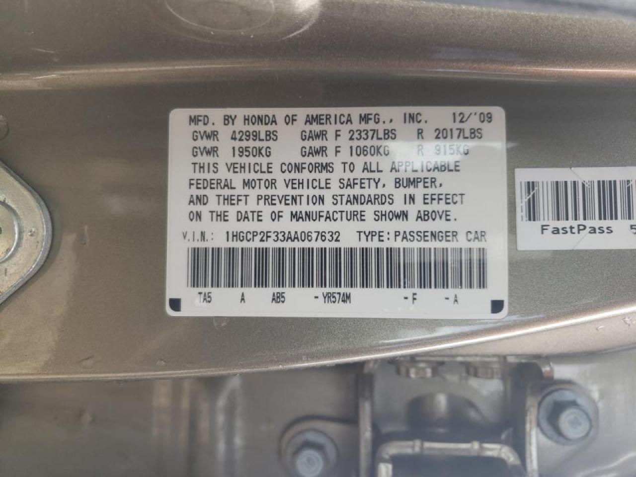 Photo 10 from auction – 2010 HONDA ACCORD LX with VIN 1HGCP2F33AA067632