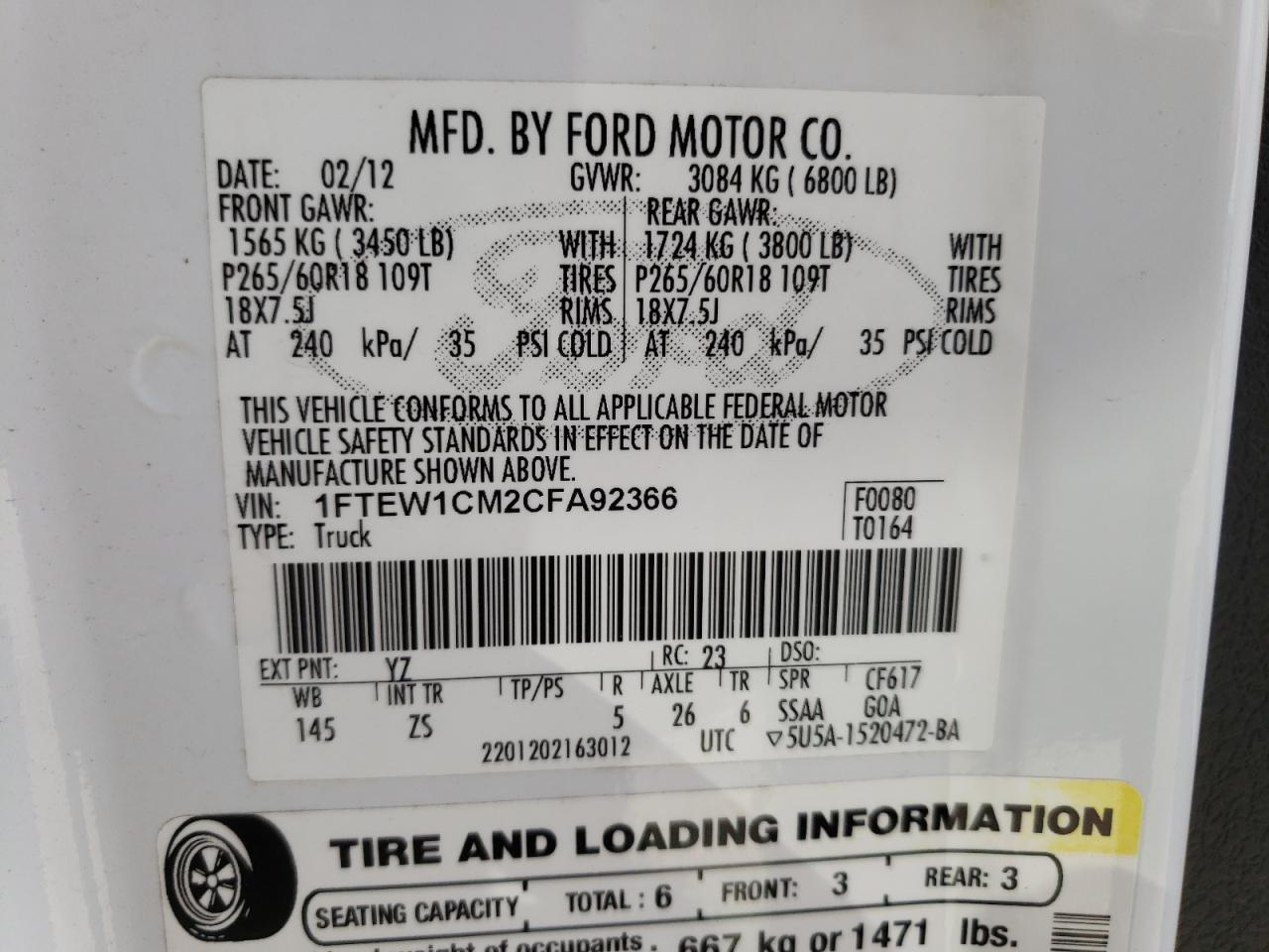 Photo 10 from auction – 2012 FORD F150 SUPER with VIN 1FTEW1CM2CFA92366