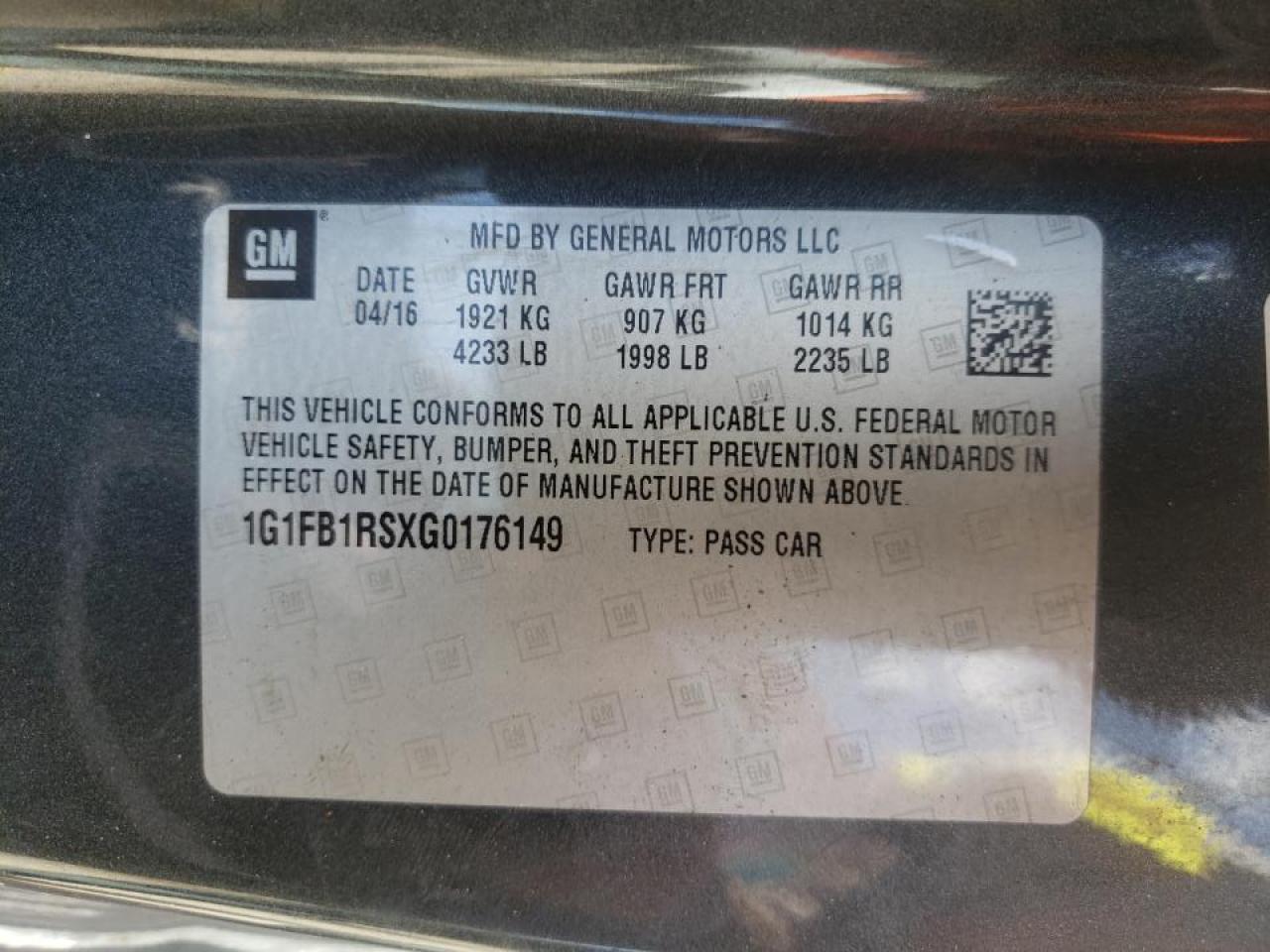 Photo 10 from auction – 2016 CHEVROLET CAMARO LT with VIN 1G1FB1RSXG0176149