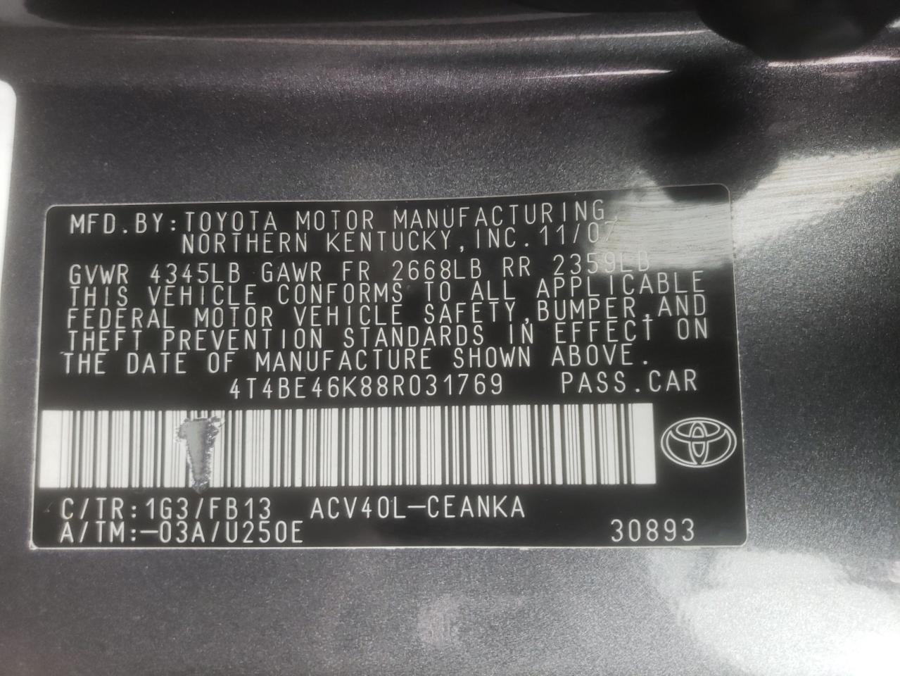 Photo 10 from auction – 2008 TOYOTA CAMRY CE with VIN 4T4BE46K88R031769