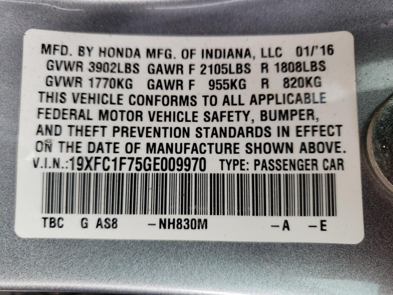 Photo 10 from auction – 2016 HONDA CIVIC EXL with VIN 19XFC1F75GE009970
