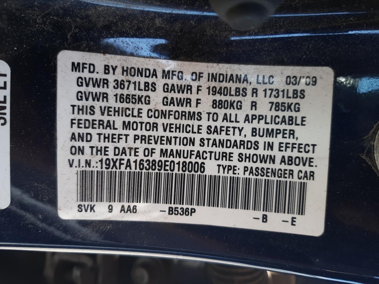 Photo 10 from auction – 2009 HONDA CIVIC VP with VIN 19XFA16389E018006