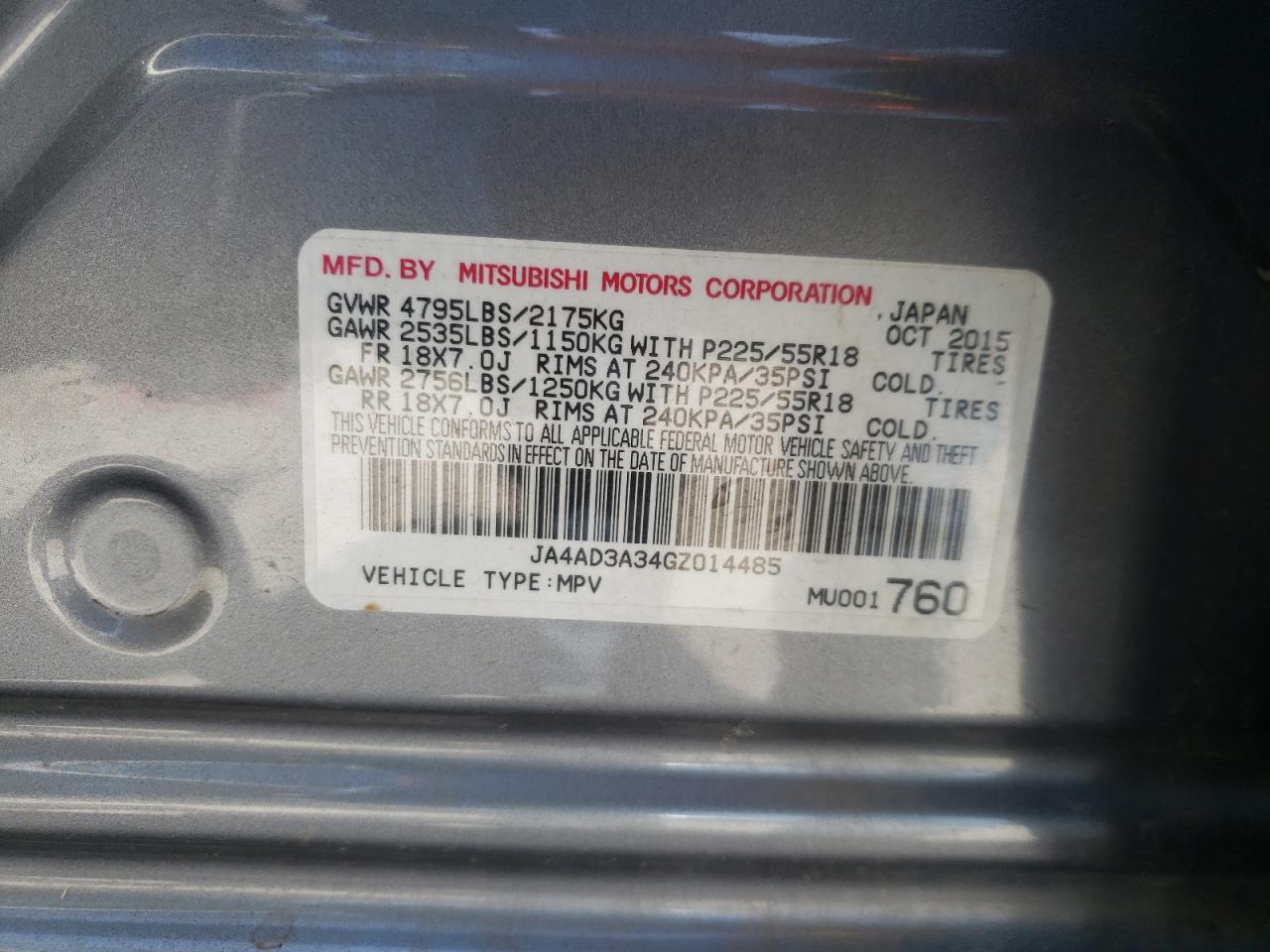 Photo 10 from auction – 2016 MITSUBISHI OUTLANDER with VIN JA4AD3A34GZ014485