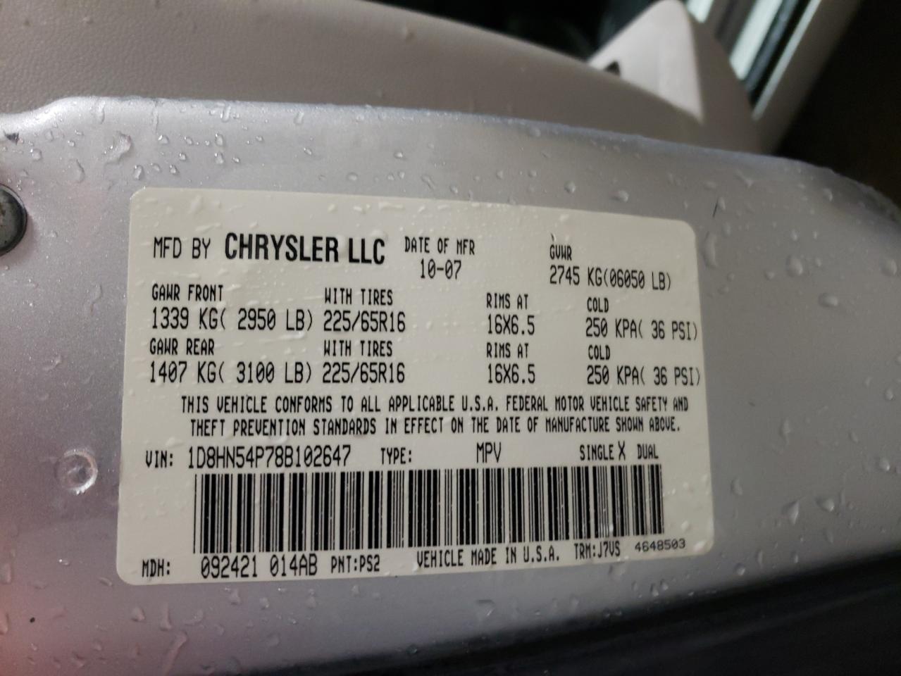 Photo 10 from auction – 2008 DODGE CARAVAN with VIN 1D8HN54P78B102647