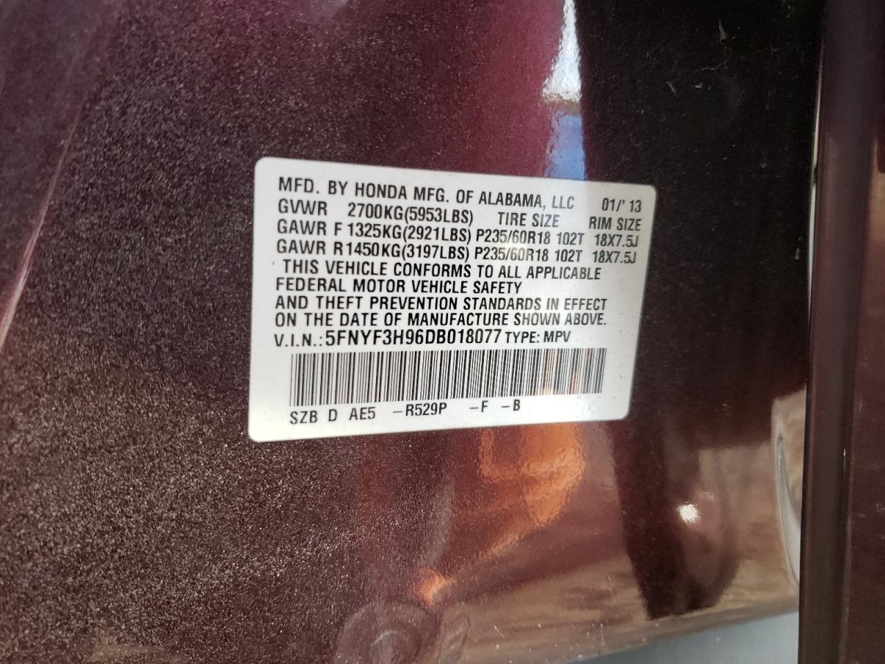 Photo 10 from auction – 2013 HONDA PILOT TOUR with VIN 5FNYF3H96DB018077