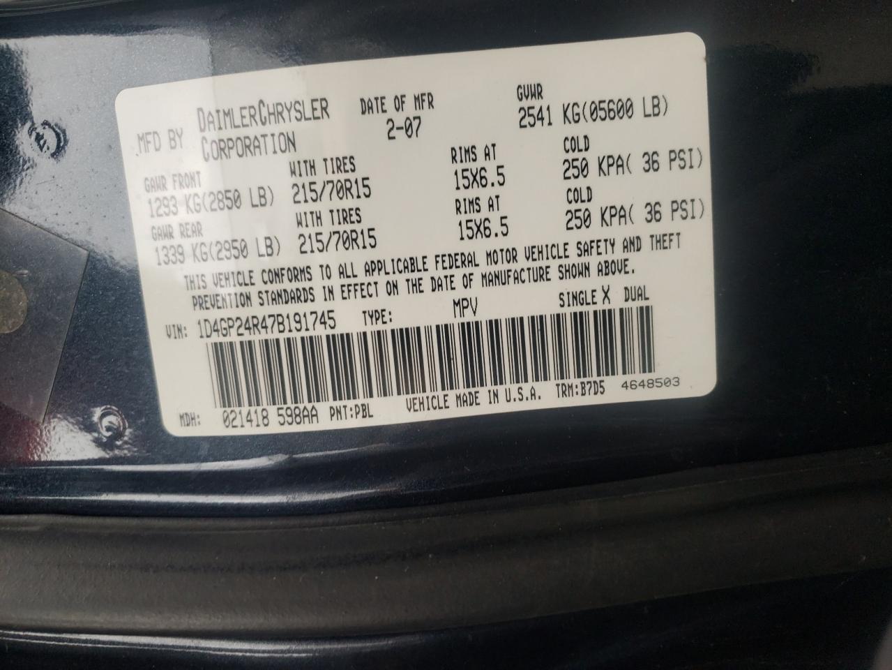 Photo 10 from auction – 2007 DODGE GRAND CARA with VIN 1D4GP24R47B191745