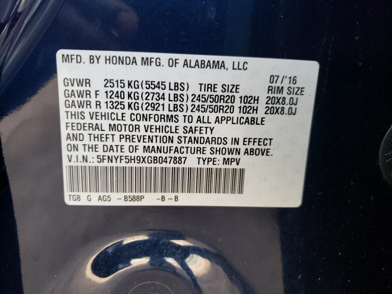 Photo 10 from auction – 2016 HONDA PILOT with VIN 5FNYF5H9XGB047887