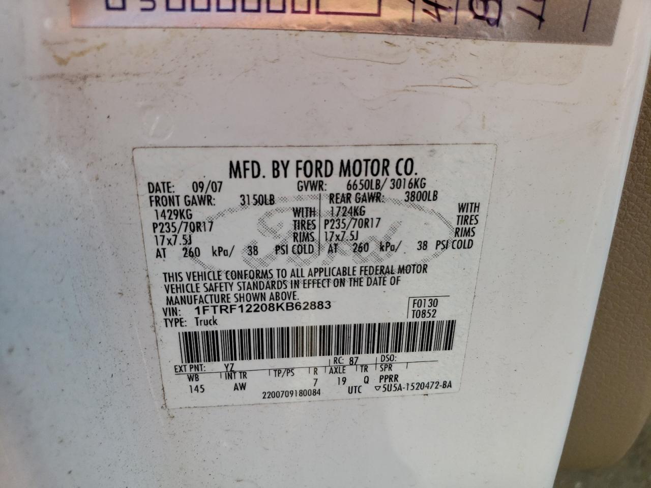 Zdjęcie 10 z aukcji – 2008 FORD F150 z VIN 1FTRF12208KB62883