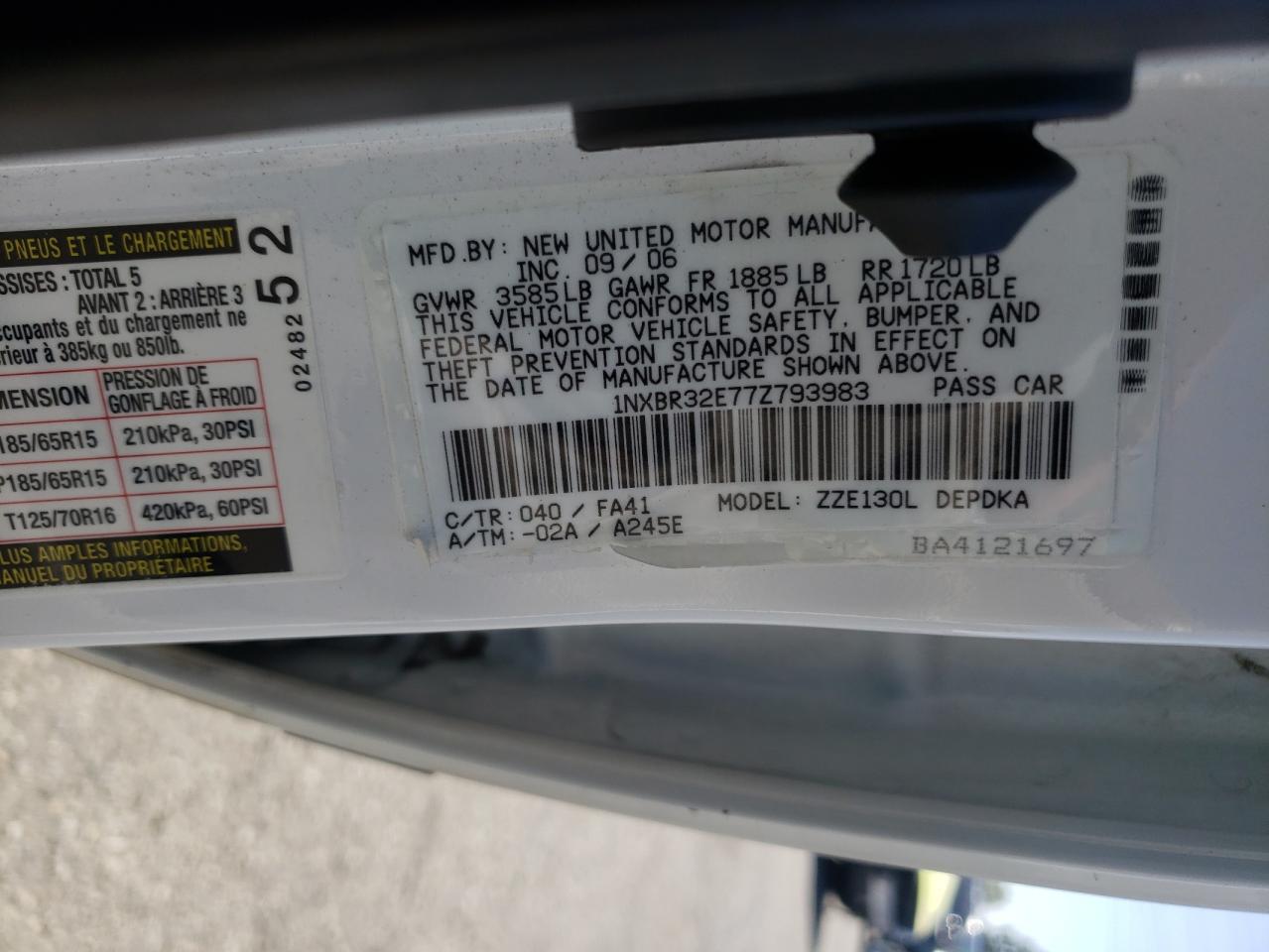 Photo 10 from auction – 2007 TOYOTA COROLLA SE with VIN 1NXBR32E77Z793983