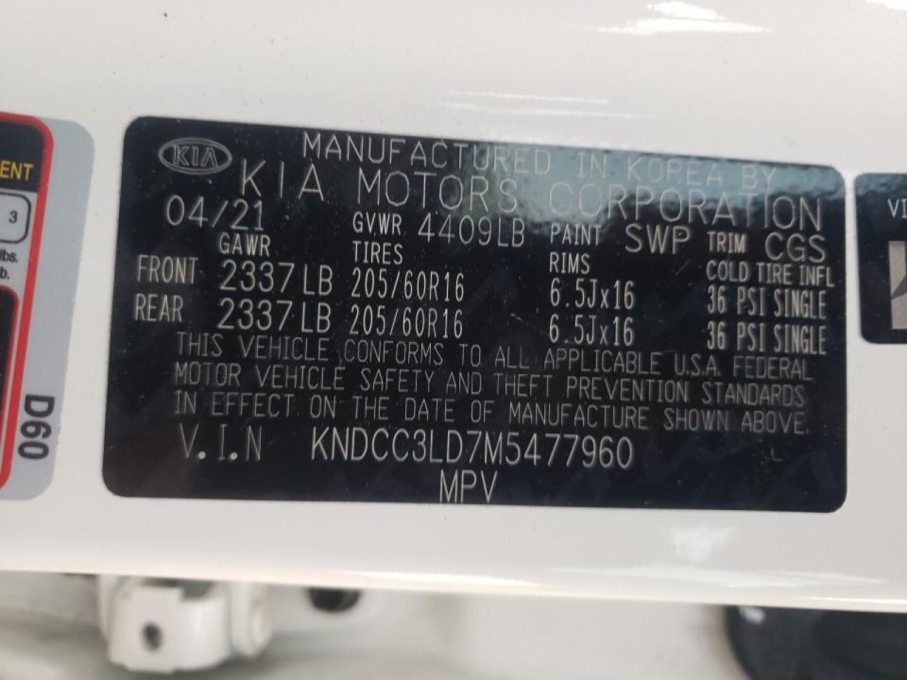Photo 10 from auction – 2021 KIA NIRO EX PR with VIN KNDCC3LD7M5477960