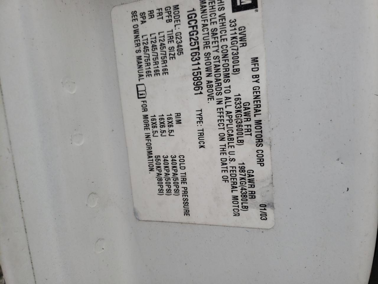 Photo 10 from auction – 2003 CHEVROLET EXPRESS G2 with VIN 1GCFG25T631158961