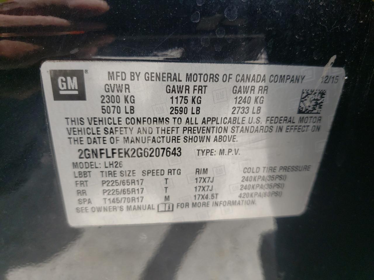 Photo 10 from auction – 2016 CHEVROLET EQUINOX LT with VIN 2GNFLFEK2G6207643
