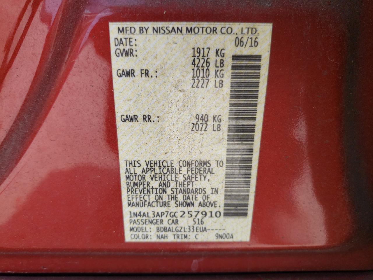 Photo 10 from auction – 2016 NISSAN ALTIMA 2.5 with VIN 1N4AL3AP7GC257910