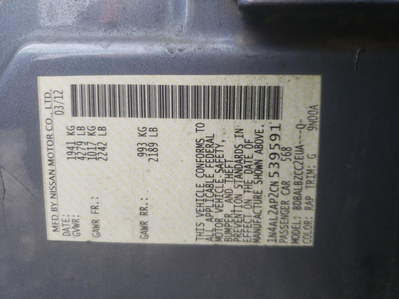 Photo 10 from auction – 2012 NISSAN ALTIMA BAS with VIN 1N4AL2AP2CN539591