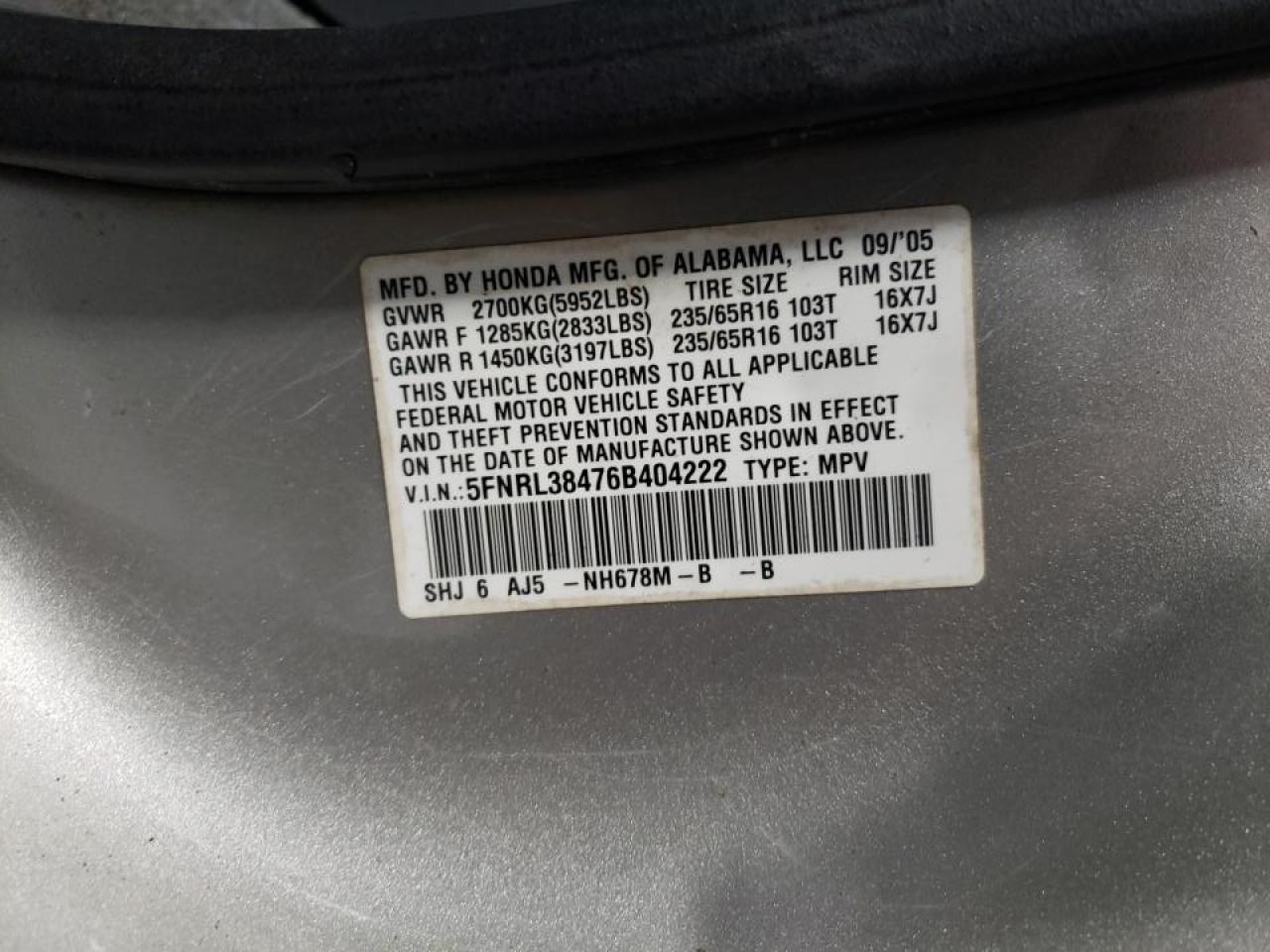 Photo 10 from auction – 2006 HONDA ODYSSEY EX with VIN 5FNRL38476B404222