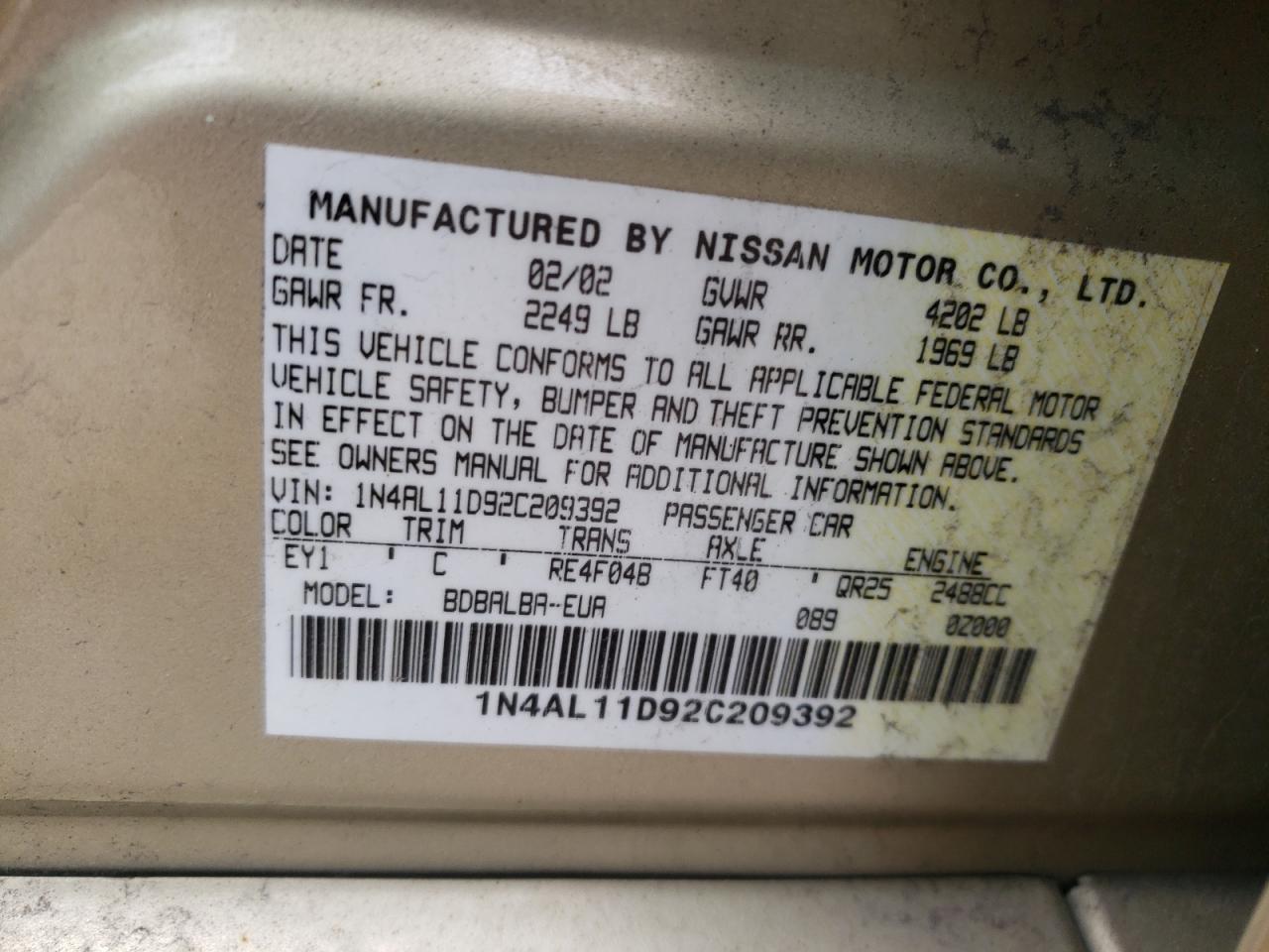Zdjęcie 10 z aukcji – 2002 NISSAN ALTIMA BAS z VIN 1N4AL11D92C209392