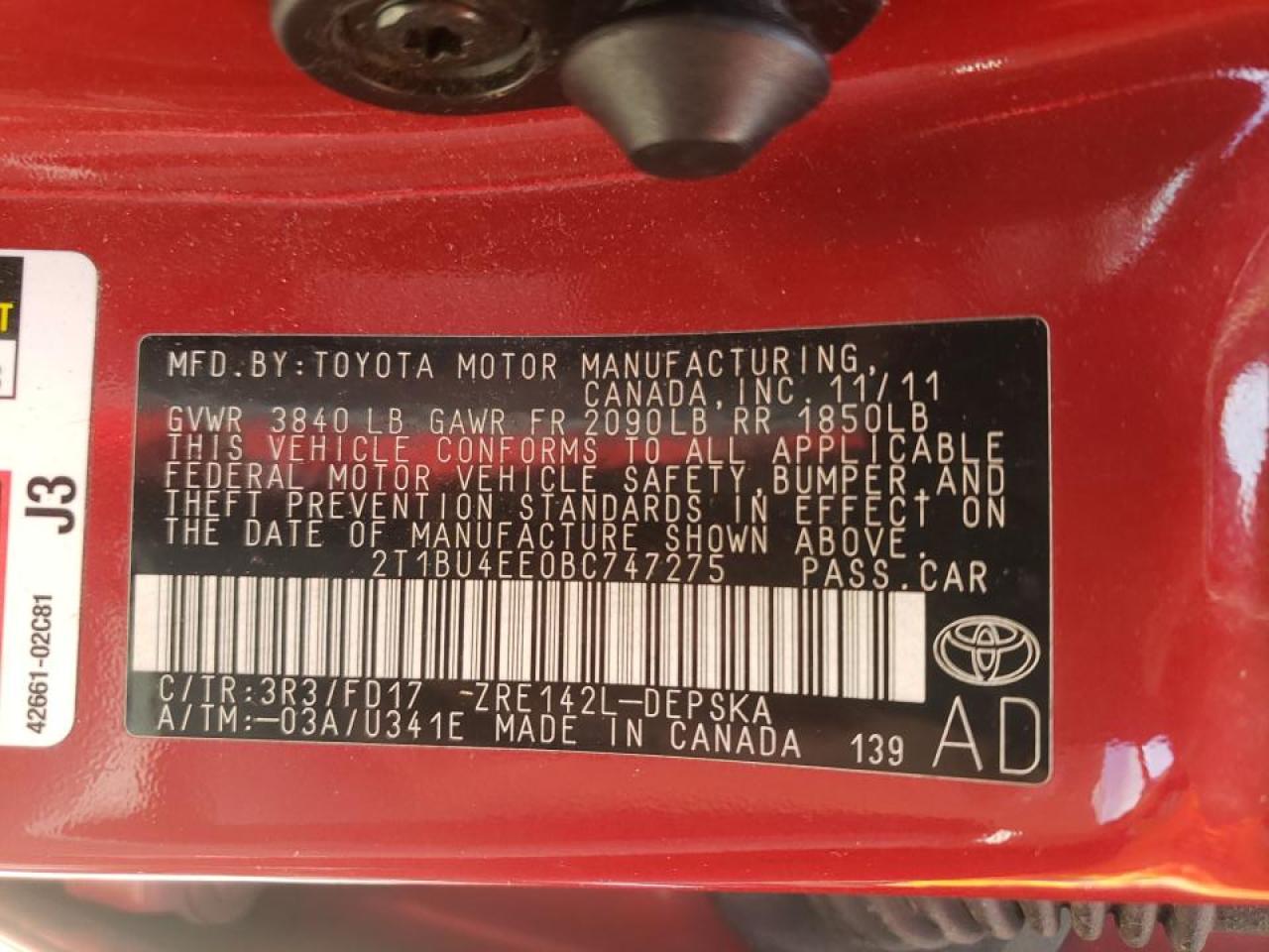 Photo 10 from auction – 2011 TOYOTA COROLLA BA with VIN 2T1BU4EE0BC747275