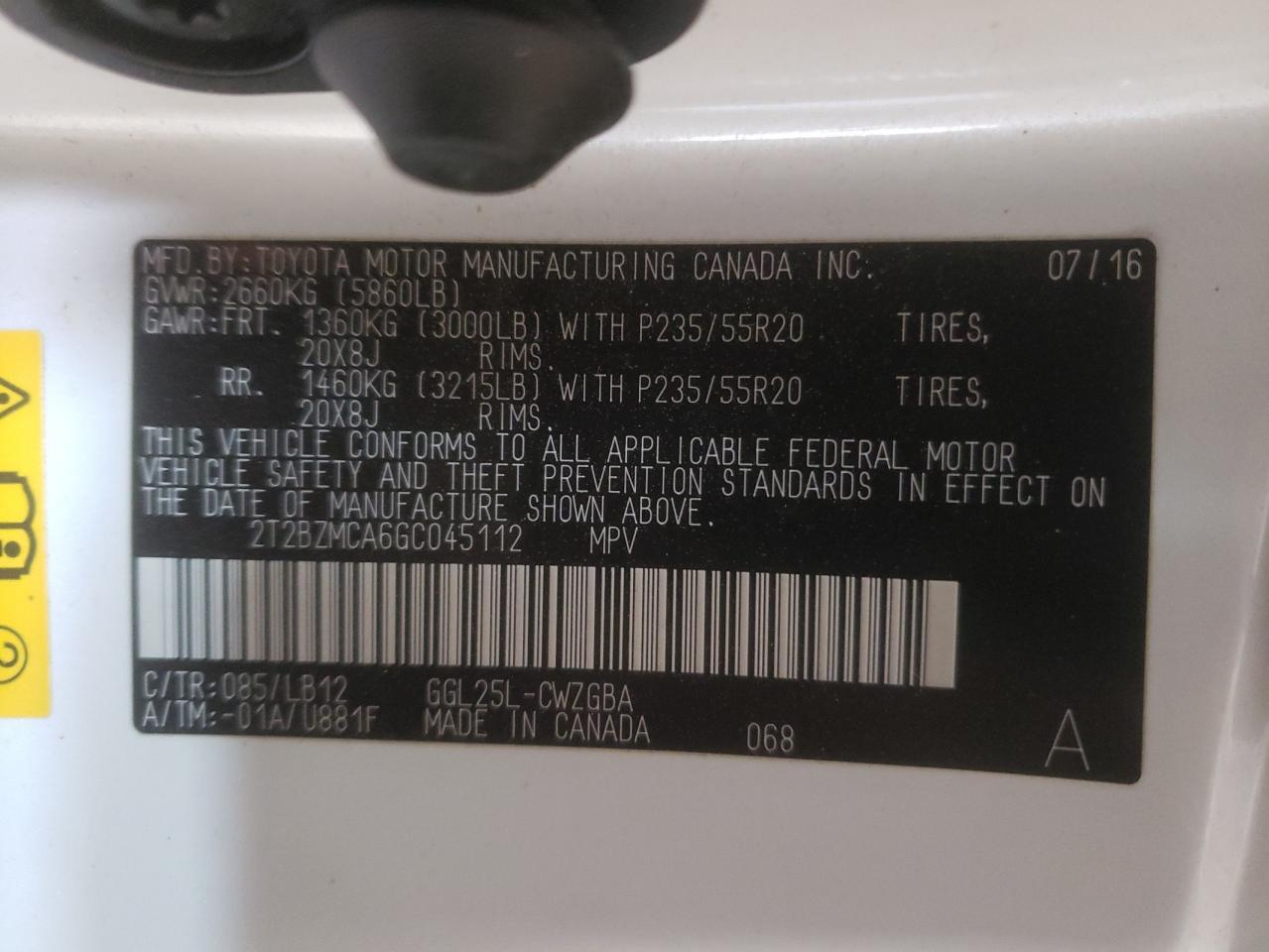 Photo 10 from auction – 2016 LEXUS RX 350 BAS with VIN 2T2BZMCA6GC045112
