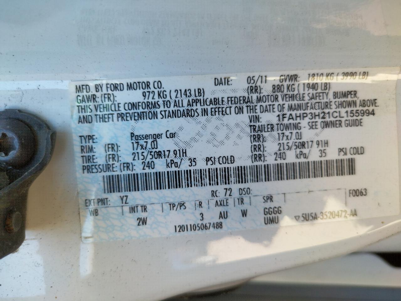 Photo 10 from auction – 2012 FORD FOCUS SEL with VIN 1FAHP3H21CL155994